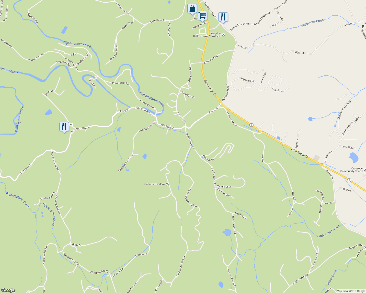 map of restaurants, bars, coffee shops, grocery stores, and more near 124 Sun Rock Mountain Road in Blue Ridge
