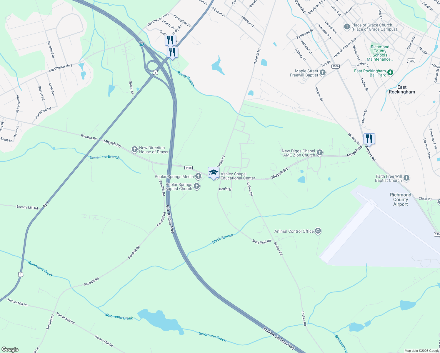 map of restaurants, bars, coffee shops, grocery stores, and more near 309 Mizpah Road in Rockingham