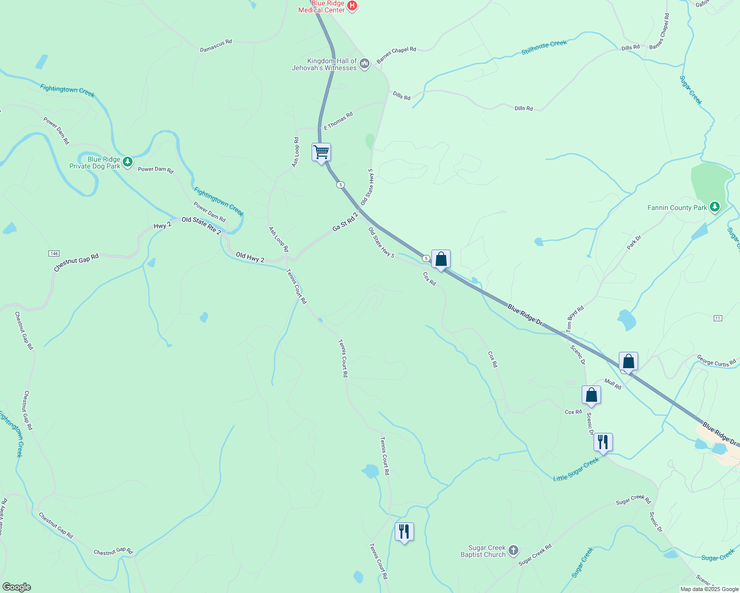 map of restaurants, bars, coffee shops, grocery stores, and more near 321 Fox Run Drive in Blue Ridge