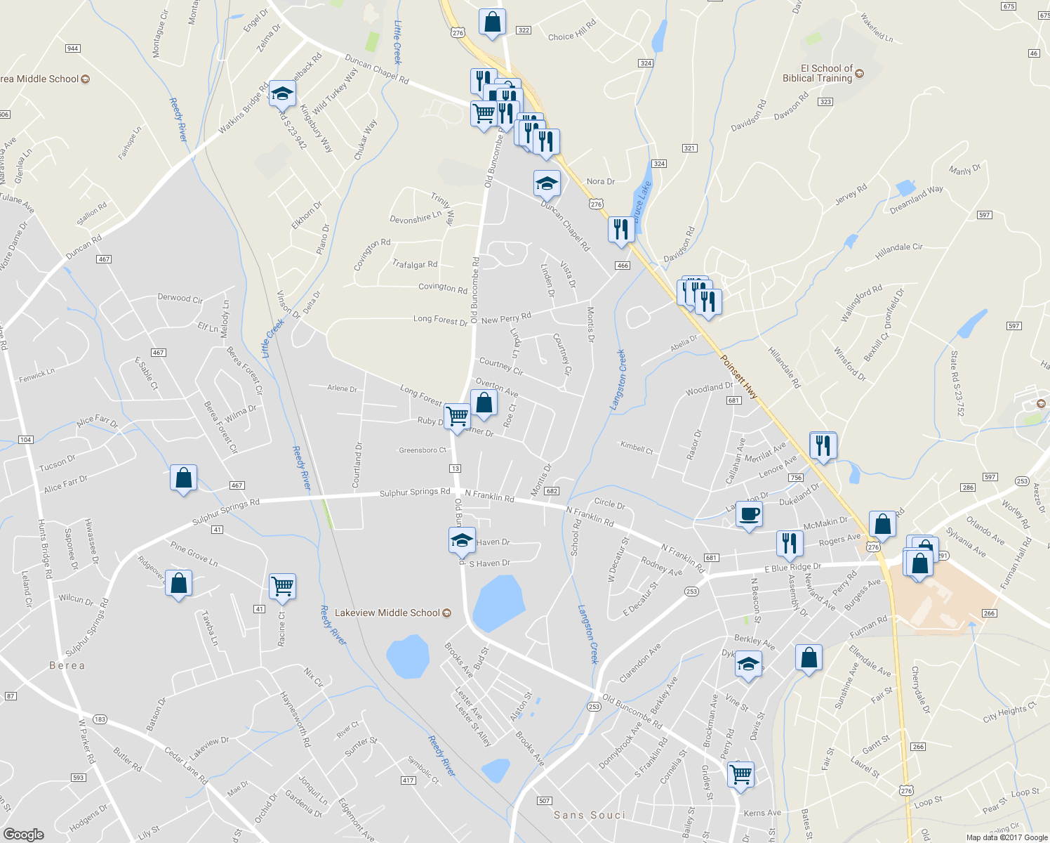 map of restaurants, bars, coffee shops, grocery stores, and more near 7 Stradley Terrace in Greenville