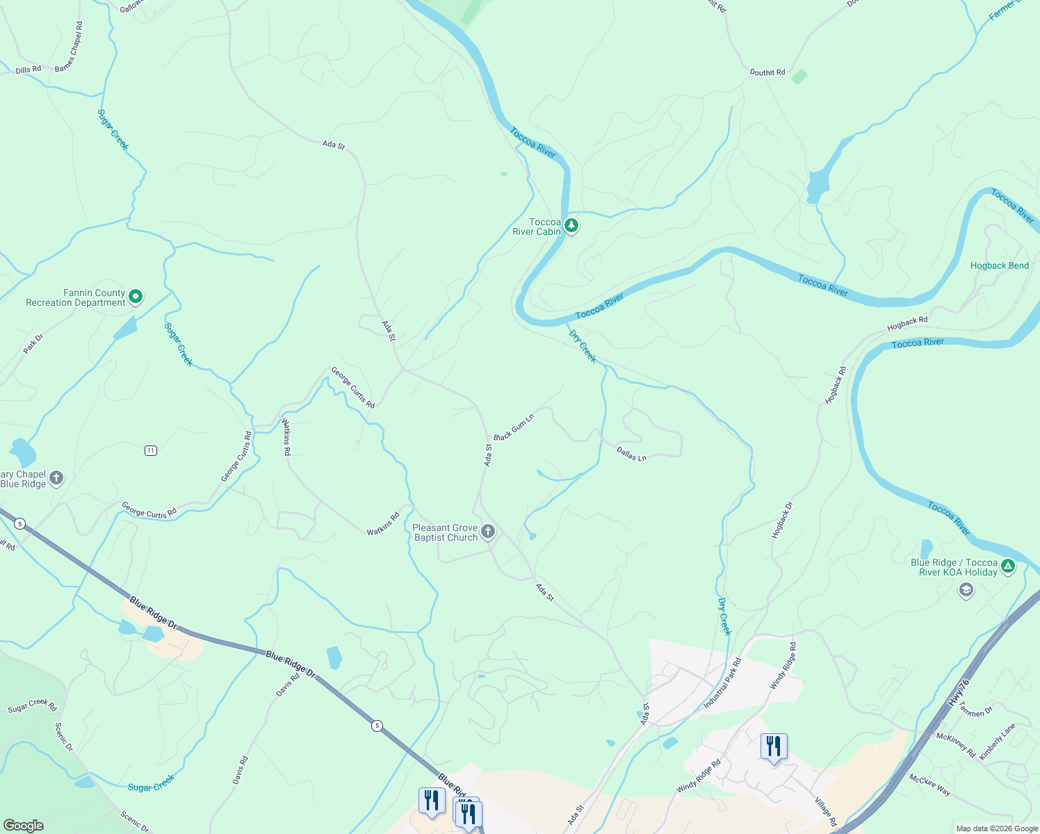 map of restaurants, bars, coffee shops, grocery stores, and more near 170 Black Gum Lane in Blue Ridge