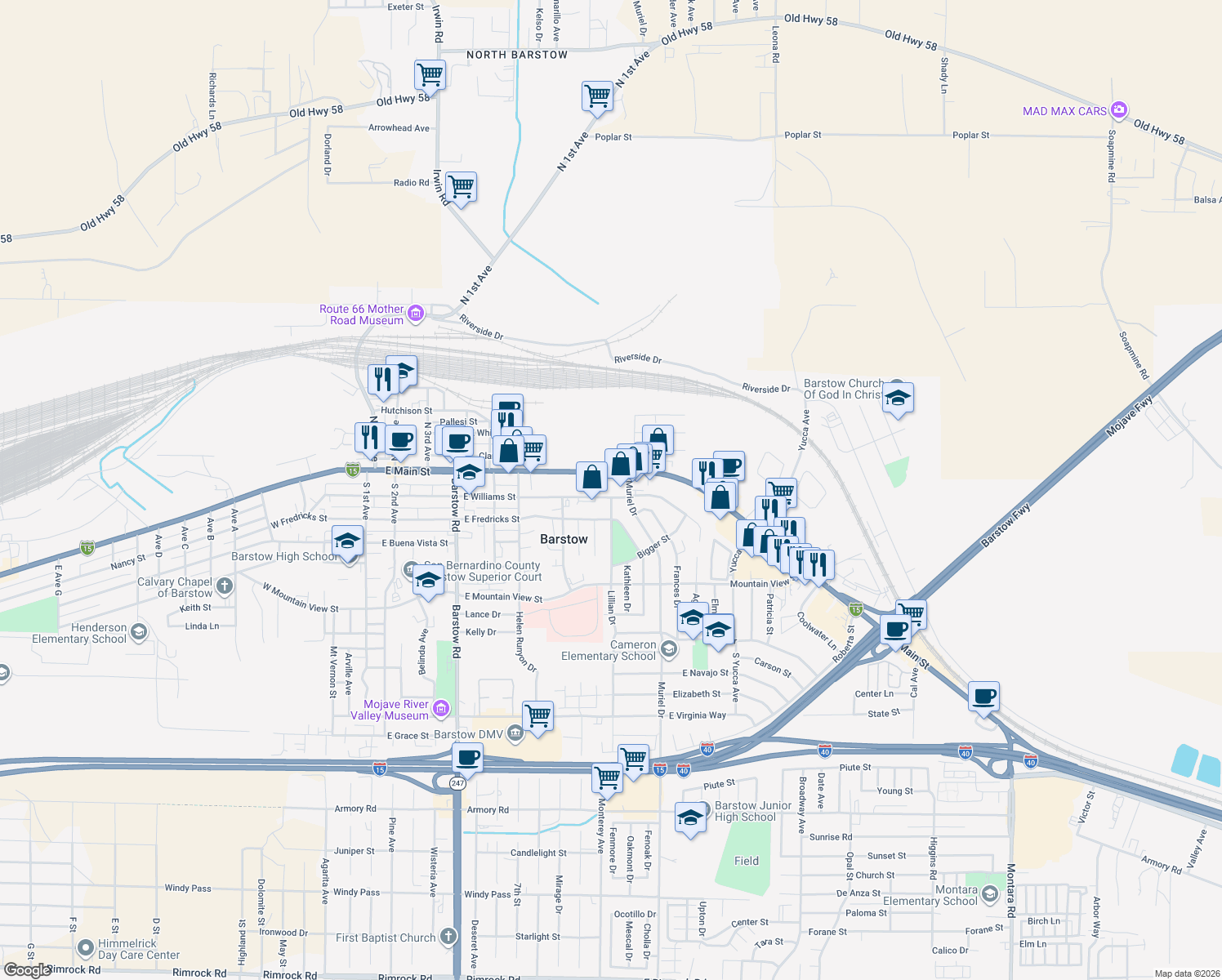 map of restaurants, bars, coffee shops, grocery stores, and more near 901 East Williams Street in Barstow