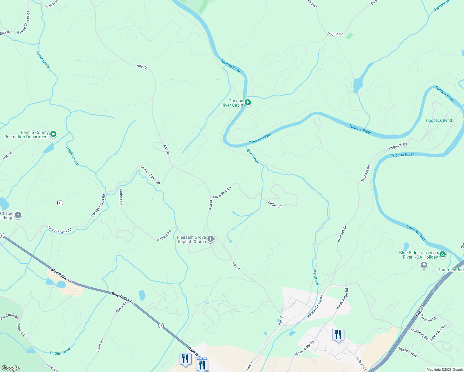 map of restaurants, bars, coffee shops, grocery stores, and more near 170 Black Gum Lane in Blue Ridge