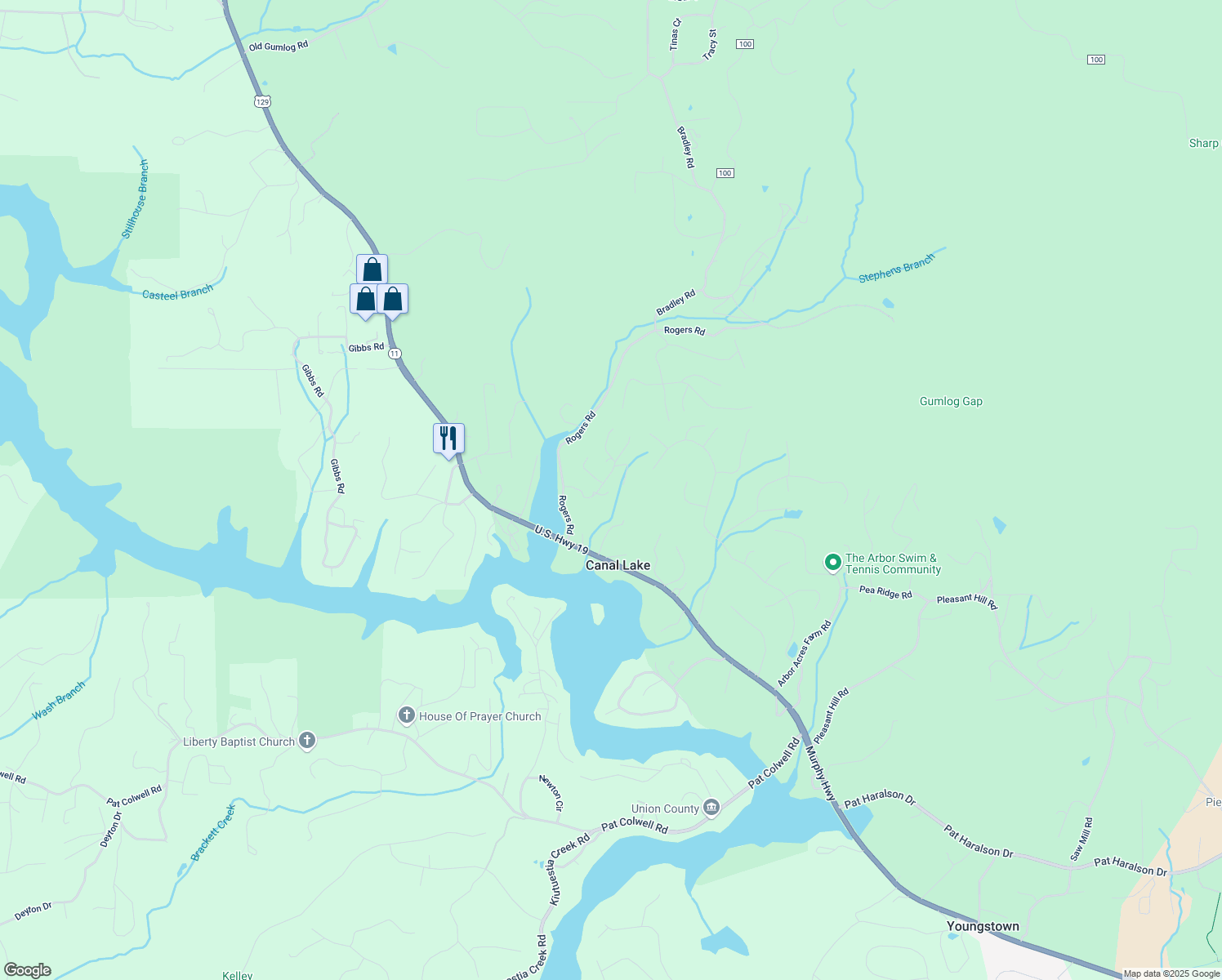 map of restaurants, bars, coffee shops, grocery stores, and more near 2206 Doe Lane in Blairsville