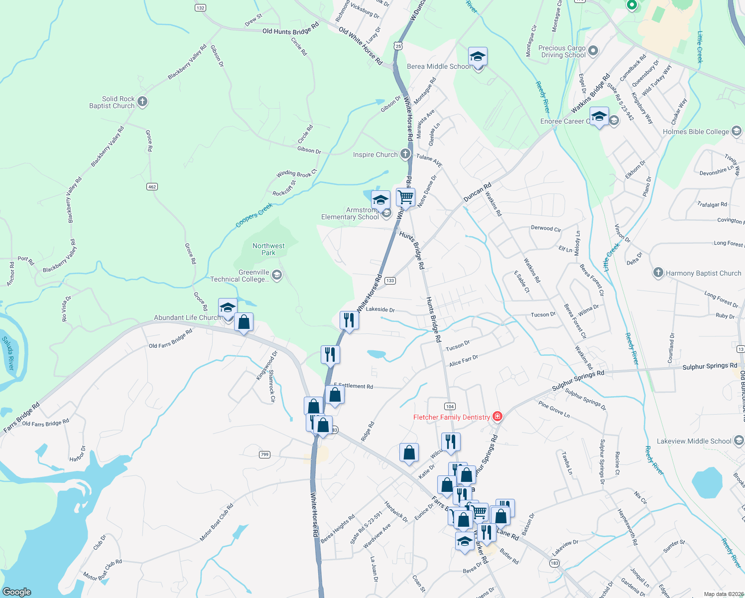 map of restaurants, bars, coffee shops, grocery stores, and more near 8304 White Horse Road in Greenville