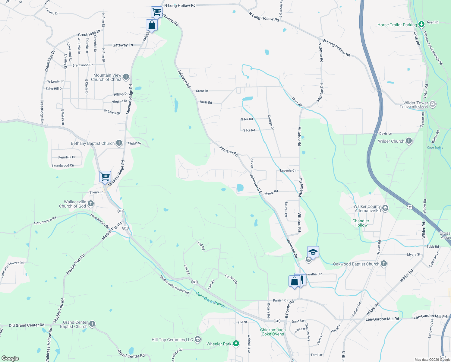 map of restaurants, bars, coffee shops, grocery stores, and more near 96 Cone Lane in Chickamauga
