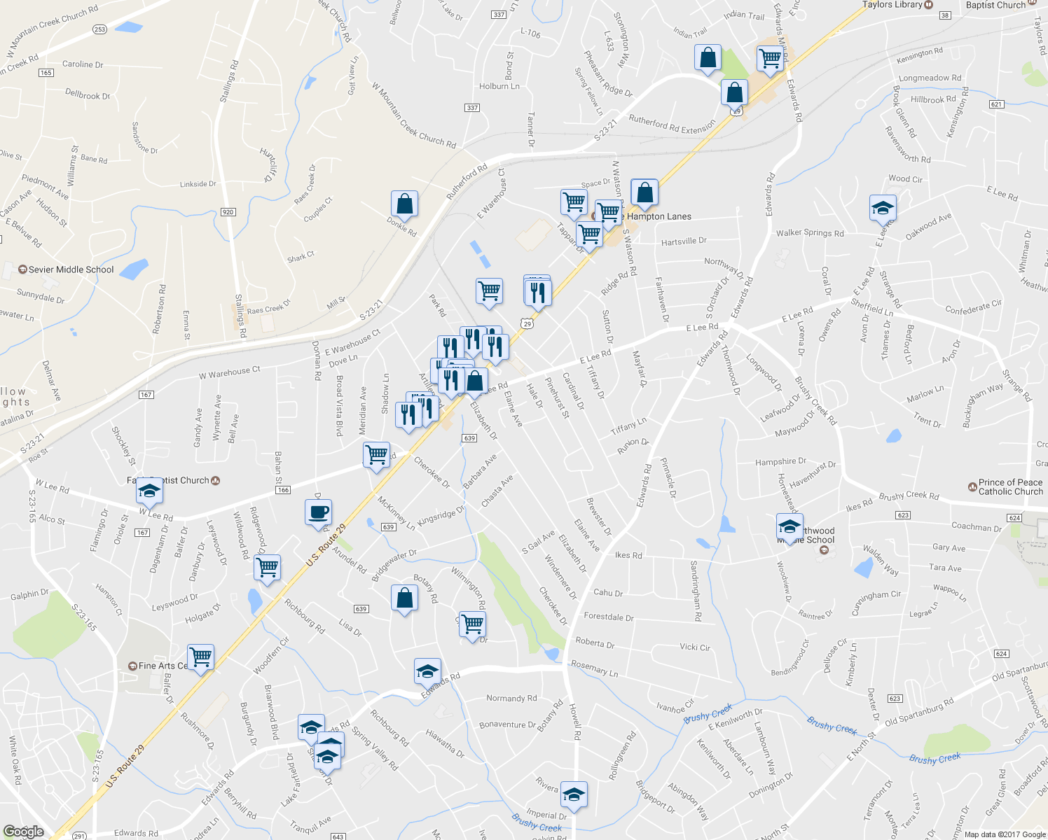 map of restaurants, bars, coffee shops, grocery stores, and more near 107 Elaine Avenue in Taylors