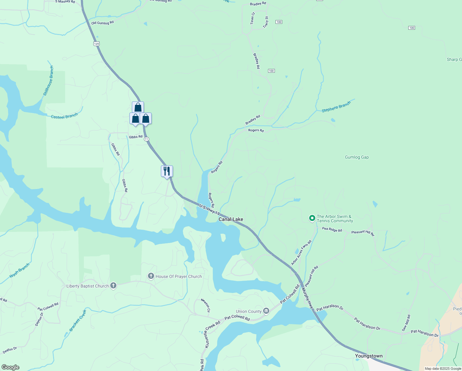 map of restaurants, bars, coffee shops, grocery stores, and more near 2206 Doe Lane in Blairsville