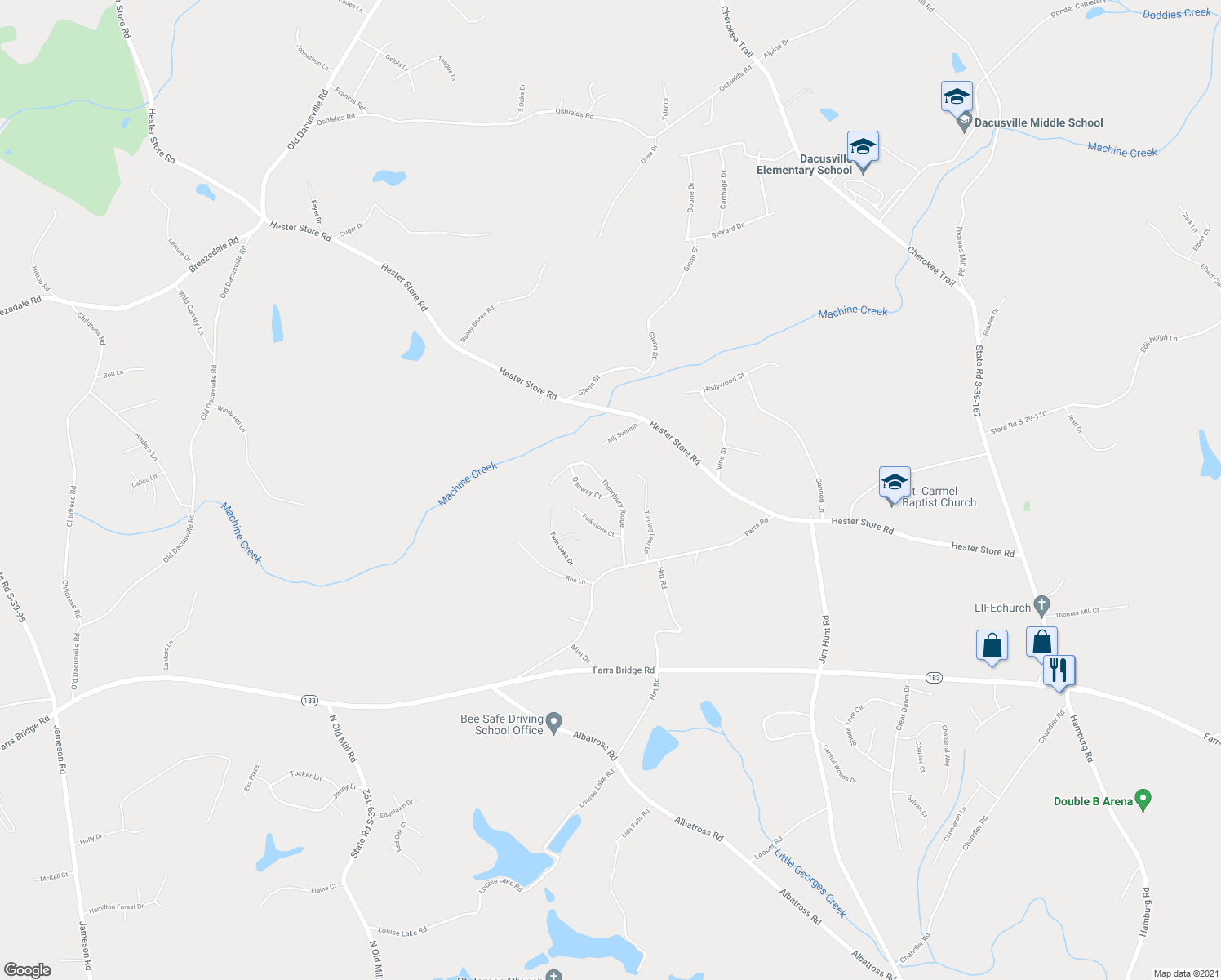 map of restaurants, bars, coffee shops, grocery stores, and more near 304 Thornbury Ridge in Easley