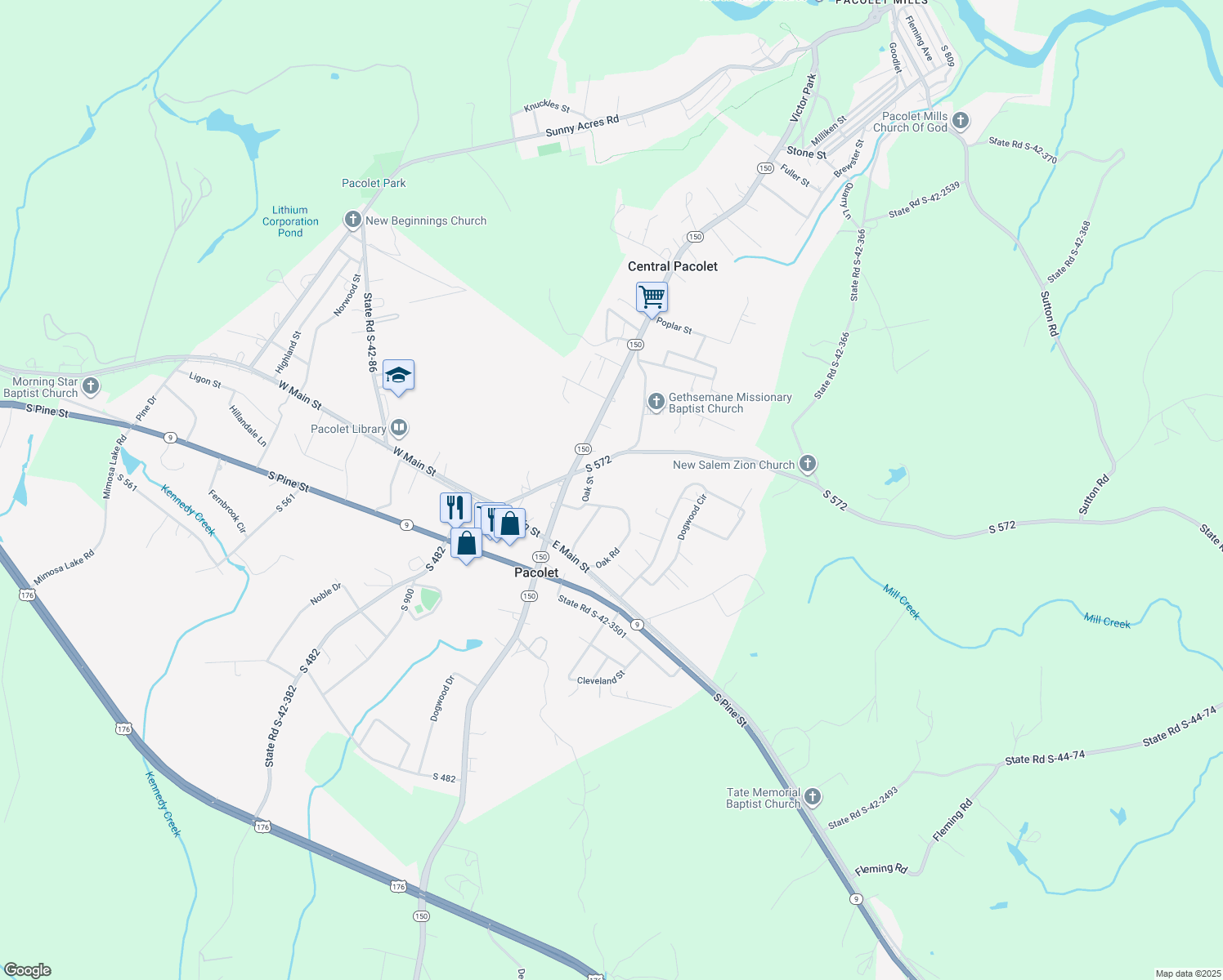 map of restaurants, bars, coffee shops, grocery stores, and more near 180 Oak Rd in Pacolet