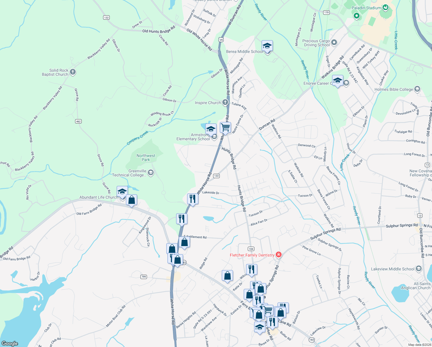 map of restaurants, bars, coffee shops, grocery stores, and more near 11 Duncan Road in Greenville