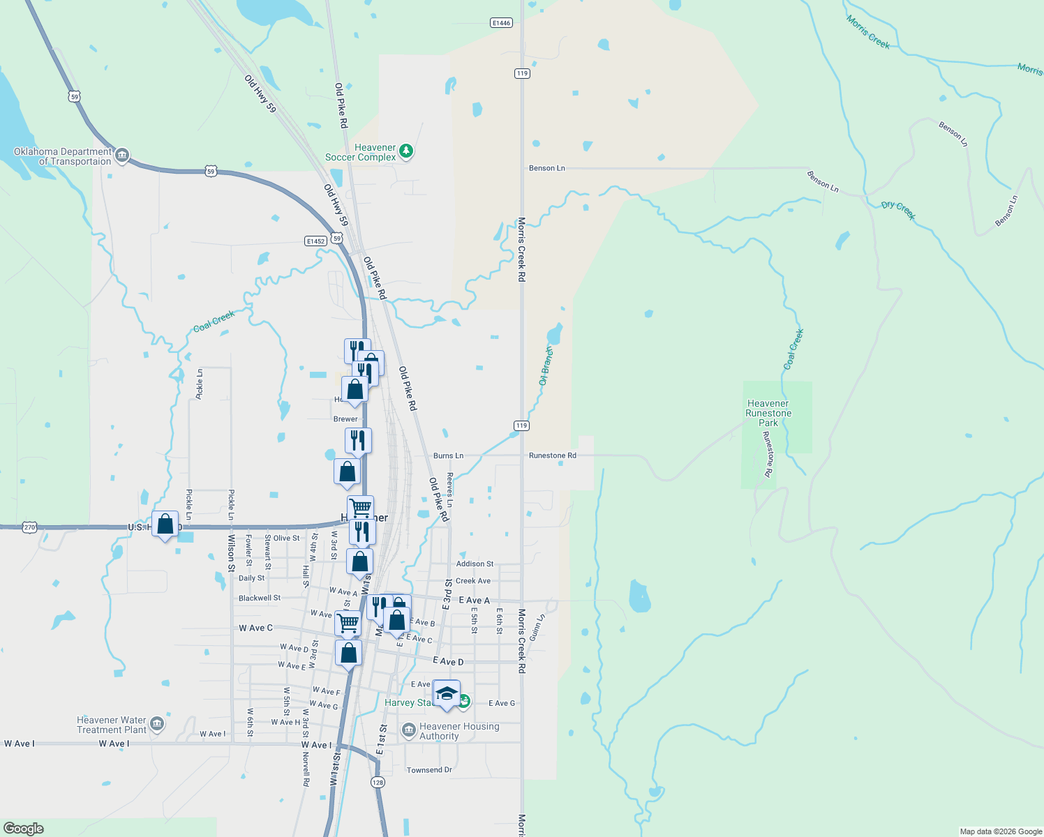 map of restaurants, bars, coffee shops, grocery stores, and more near Morris Creek Road in Heavener
