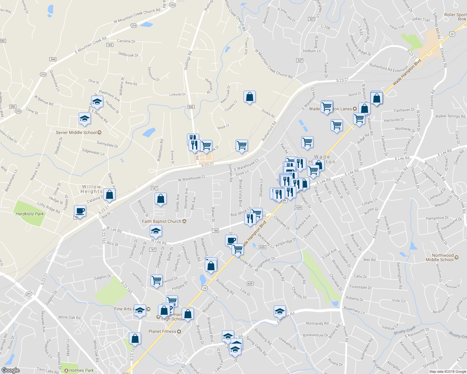 map of restaurants, bars, coffee shops, grocery stores, and more near 226 Donnan Road in Taylors