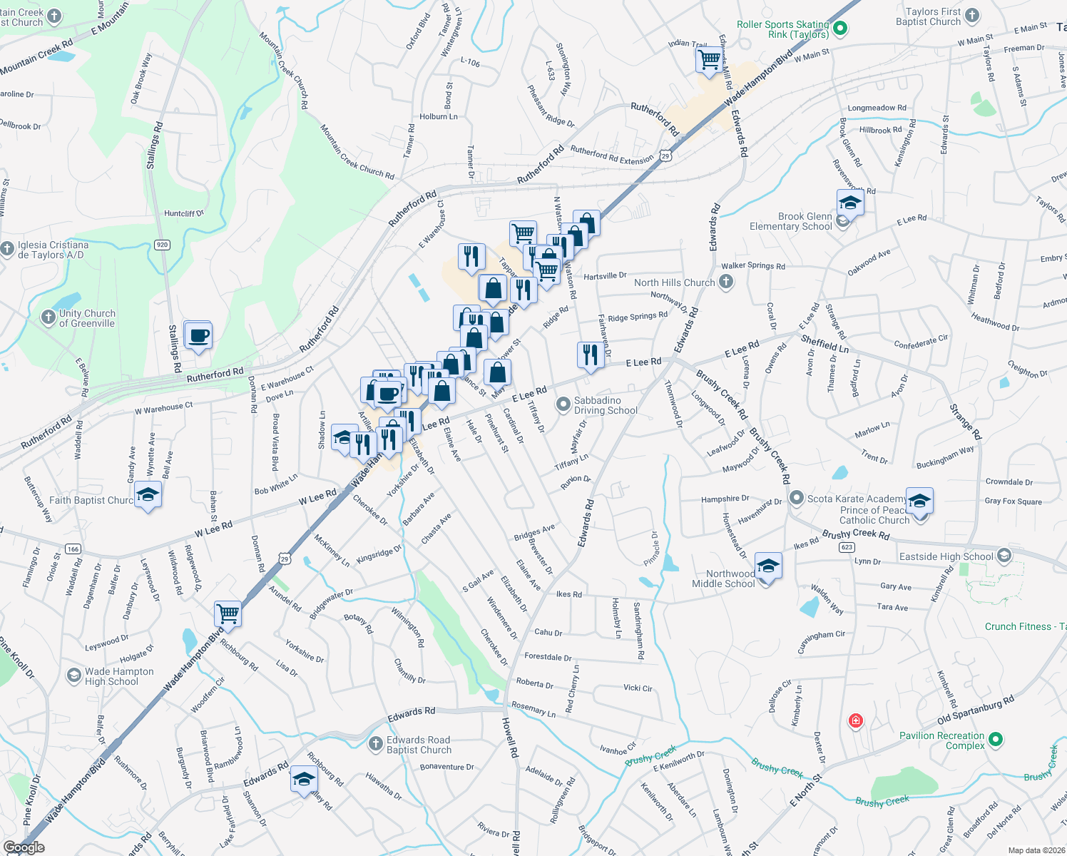 map of restaurants, bars, coffee shops, grocery stores, and more near 10 Tiffany Drive in Taylors