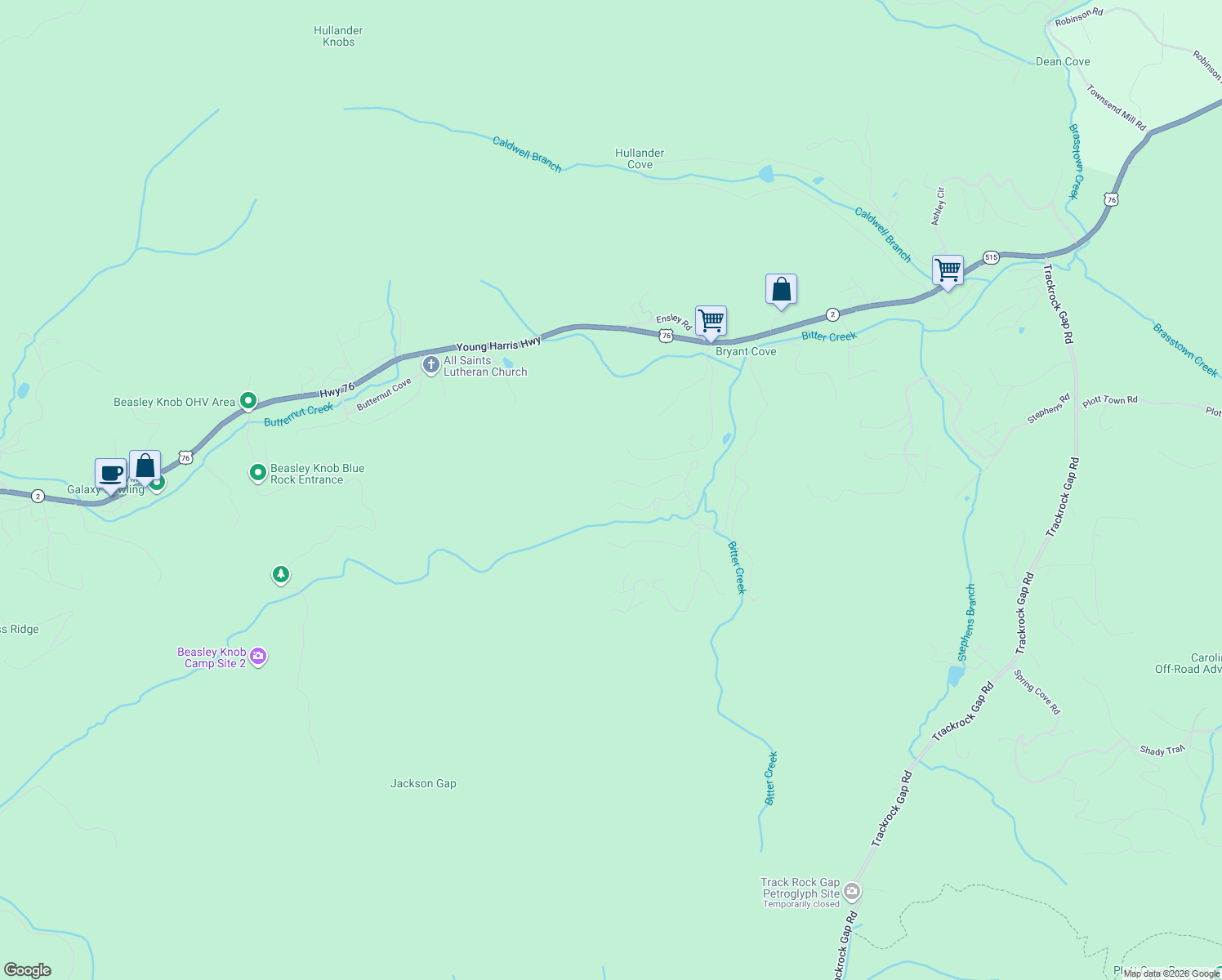 map of restaurants, bars, coffee shops, grocery stores, and more near 4045 Wildwind Lane in Blairsville
