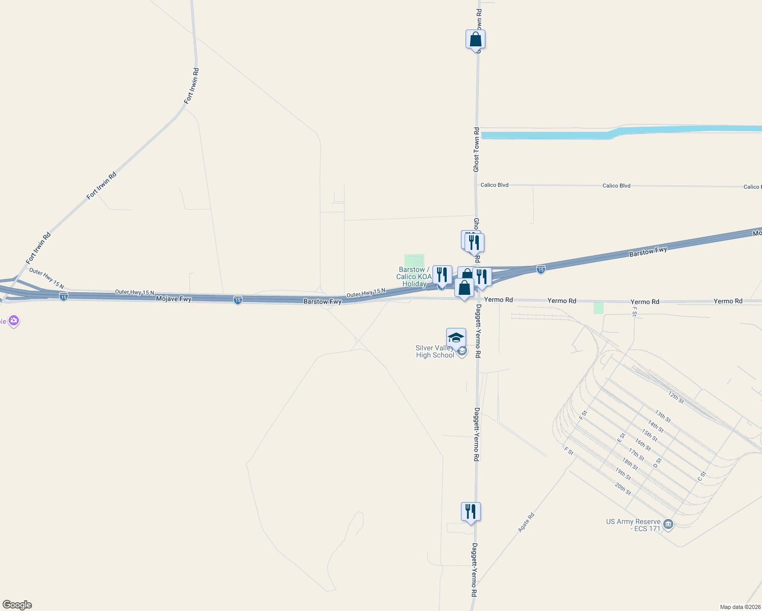 map of restaurants, bars, coffee shops, grocery stores, and more near 35139 Yermo Road in Daggett