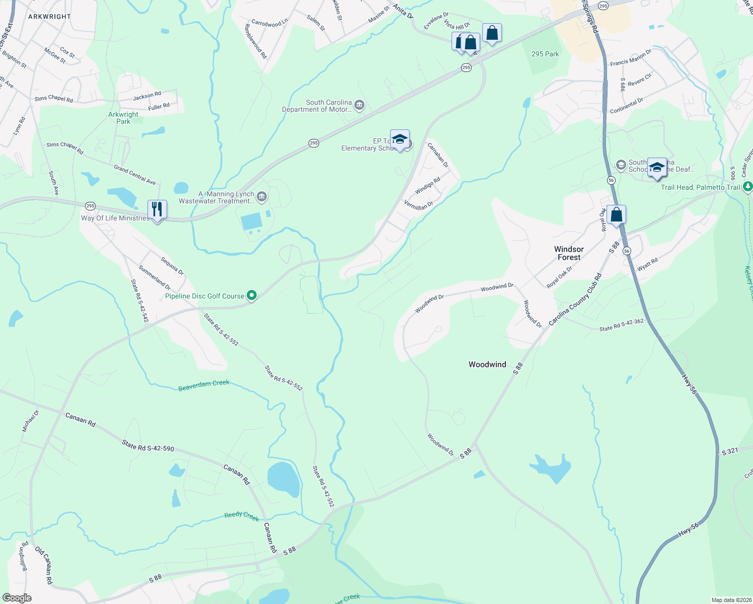 map of restaurants, bars, coffee shops, grocery stores, and more near 190 Gaskins Road in Spartanburg