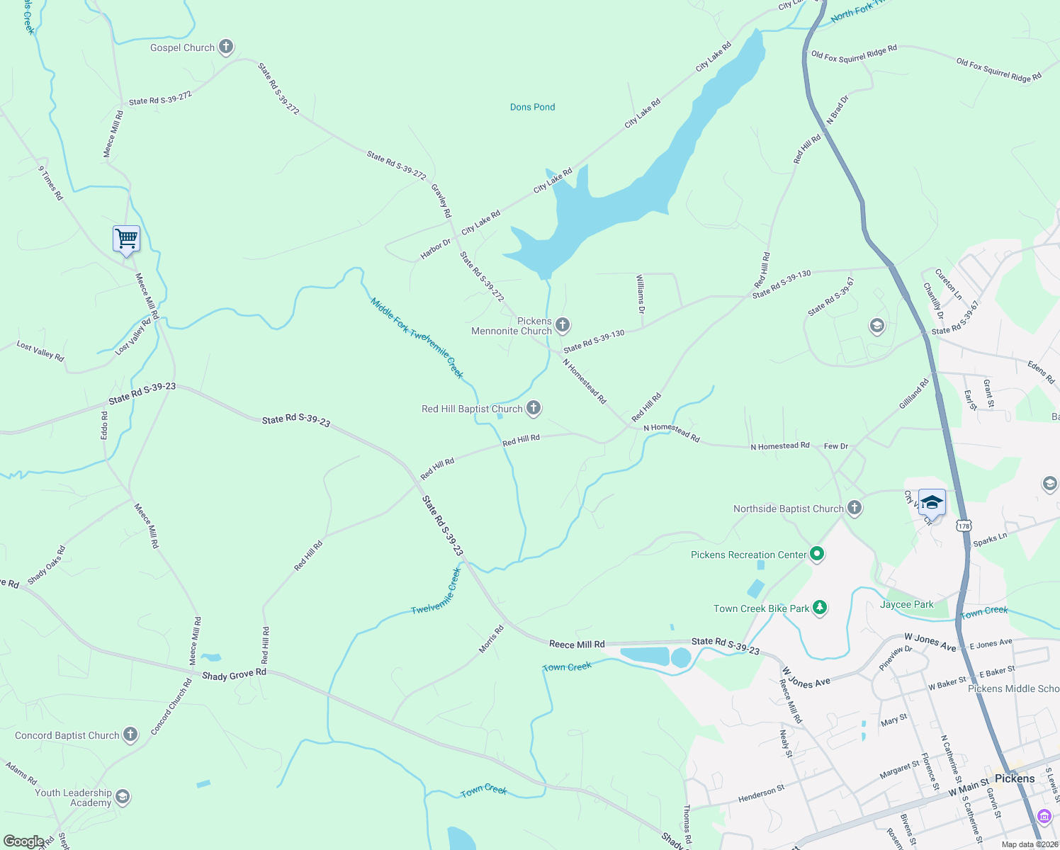 map of restaurants, bars, coffee shops, grocery stores, and more near 560 Red Hill Road in Pickens