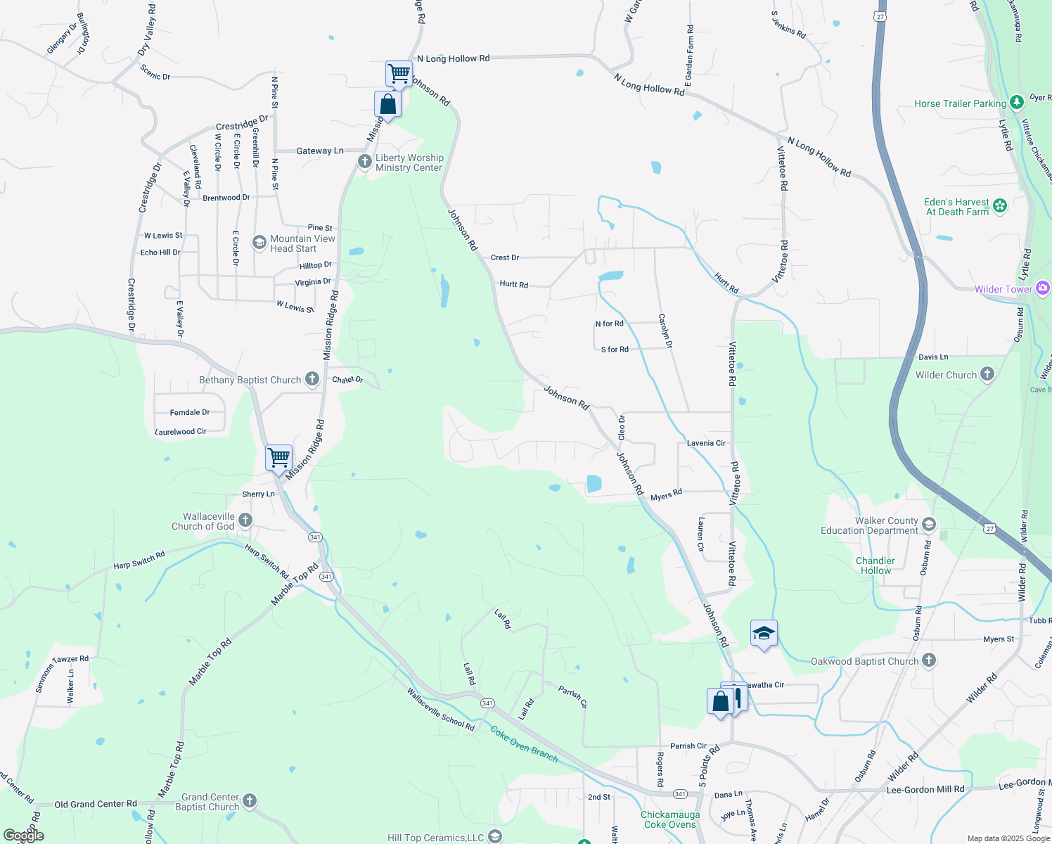 map of restaurants, bars, coffee shops, grocery stores, and more near 79 Liberty Drive in Chickamauga
