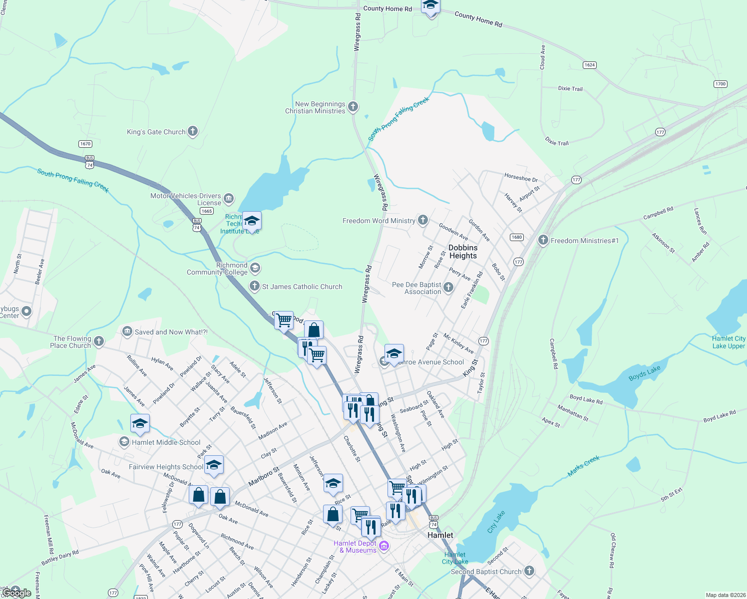 map of restaurants, bars, coffee shops, grocery stores, and more near 915 Wiregrass Road in Hamlet