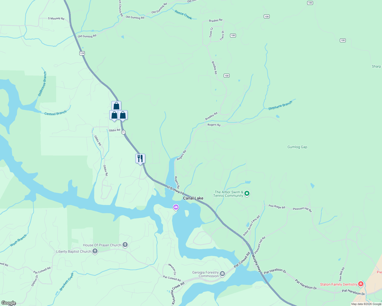 map of restaurants, bars, coffee shops, grocery stores, and more near 1815 Deerwood Lane in Blairsville