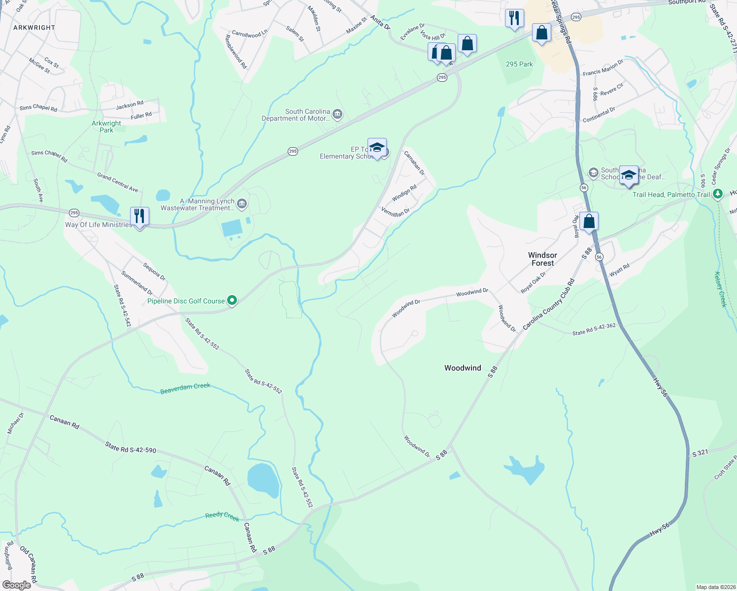 map of restaurants, bars, coffee shops, grocery stores, and more near 190 Gaskins Road in Spartanburg
