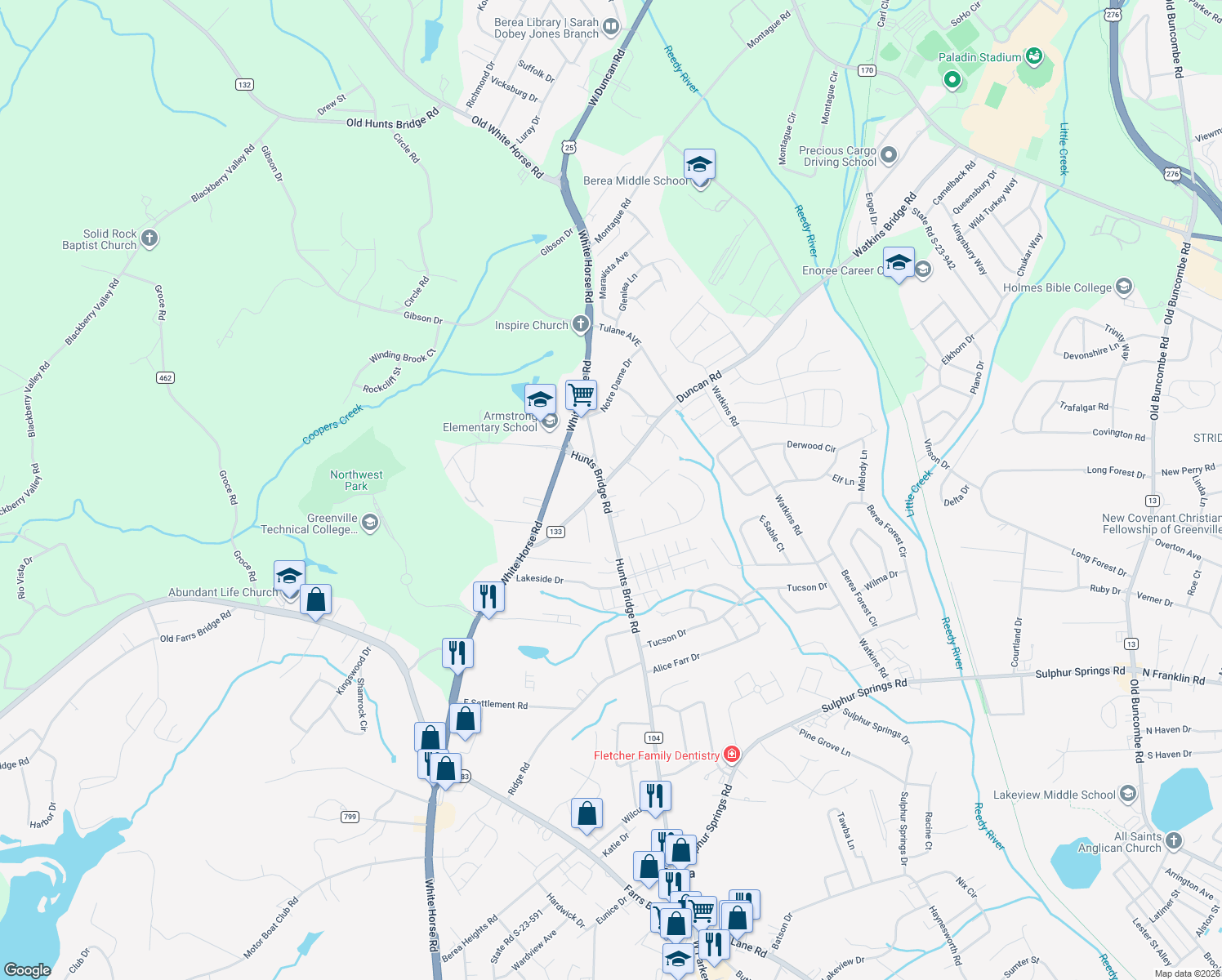 map of restaurants, bars, coffee shops, grocery stores, and more near 56 Hunts Bridge Road in Greenville