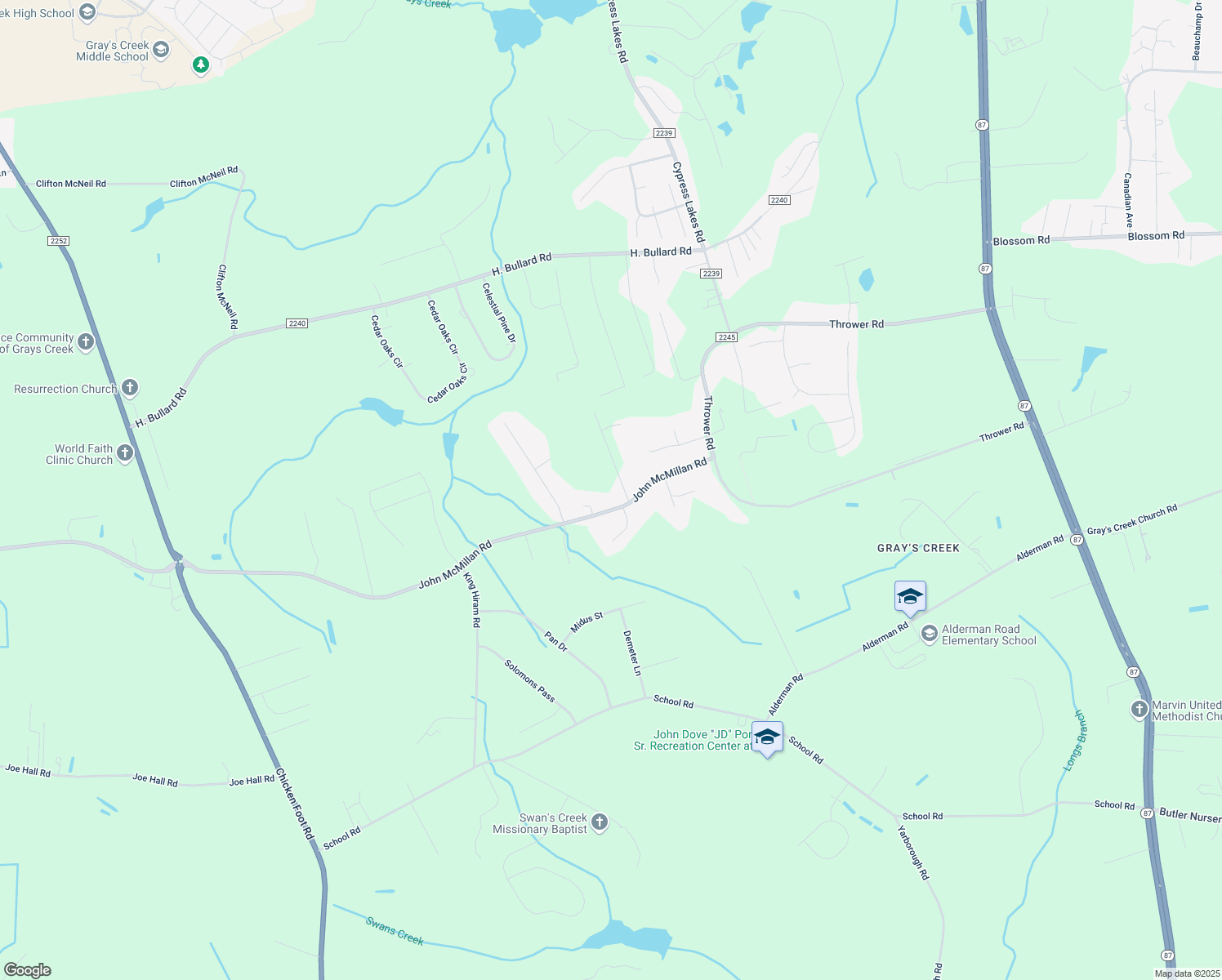 map of restaurants, bars, coffee shops, grocery stores, and more near 3061 John McMillan Rd in Hope Mills
