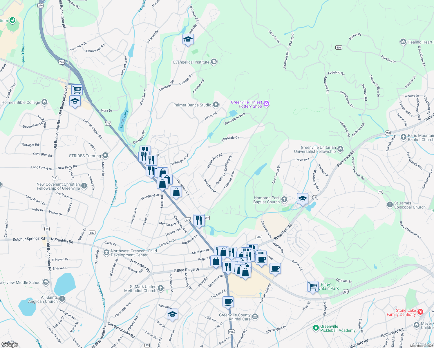 map of restaurants, bars, coffee shops, grocery stores, and more near 10 Norwich Dr in Greenville