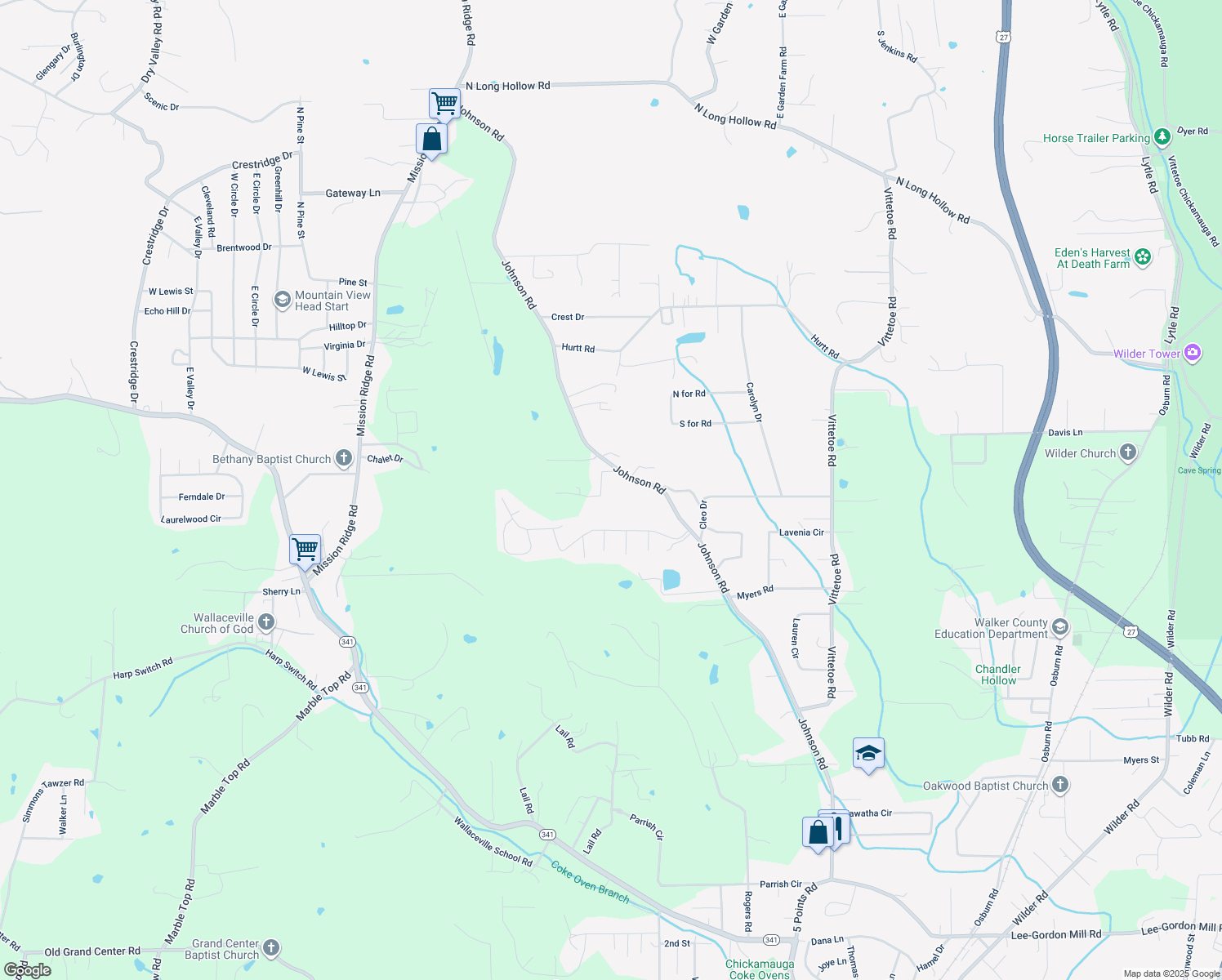 map of restaurants, bars, coffee shops, grocery stores, and more near 79 Liberty Drive in Chickamauga