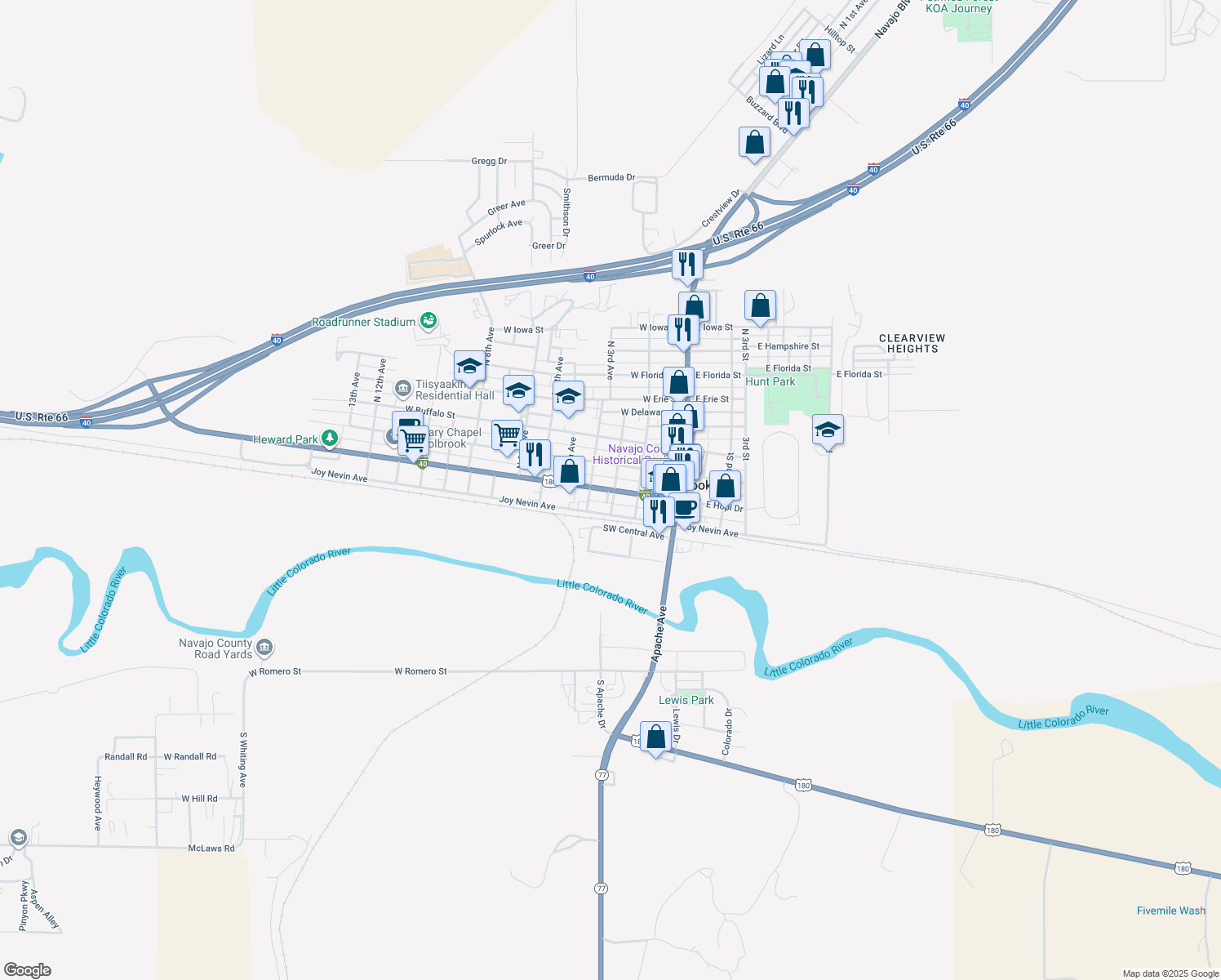map of restaurants, bars, coffee shops, grocery stores, and more near 317 West Hopi Drive in Holbrook