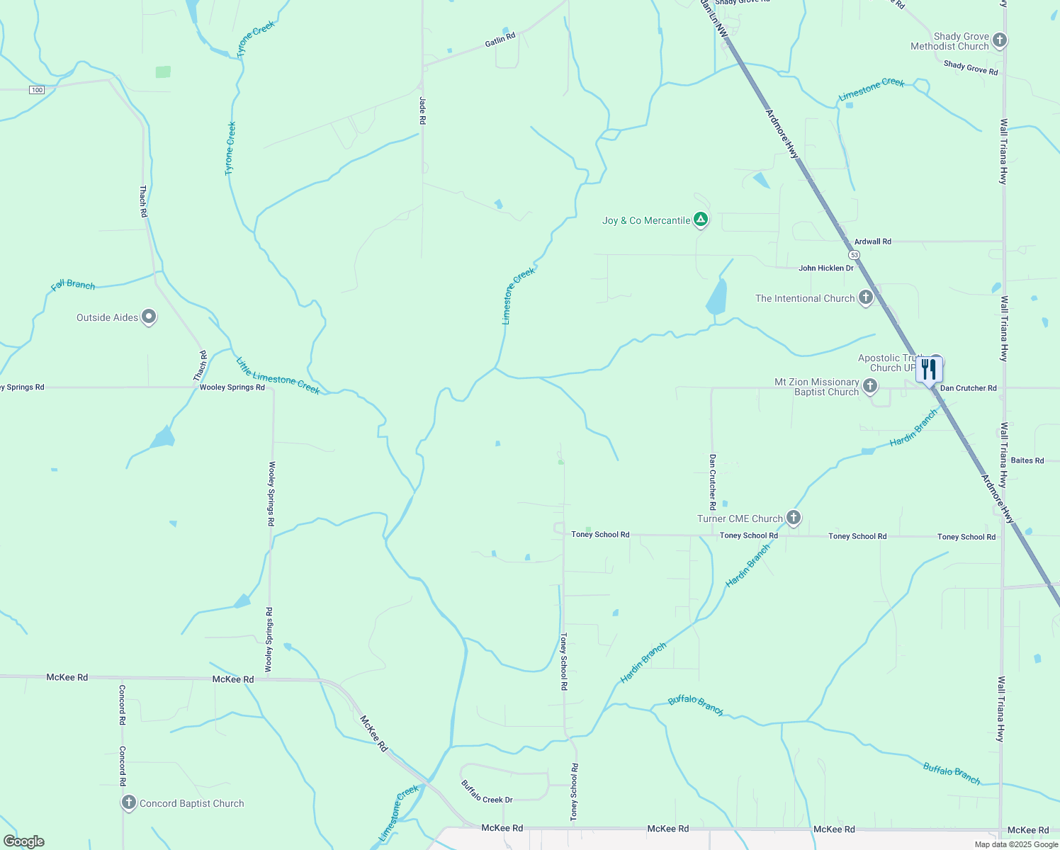map of restaurants, bars, coffee shops, grocery stores, and more near 204 Tibbs Road in Toney