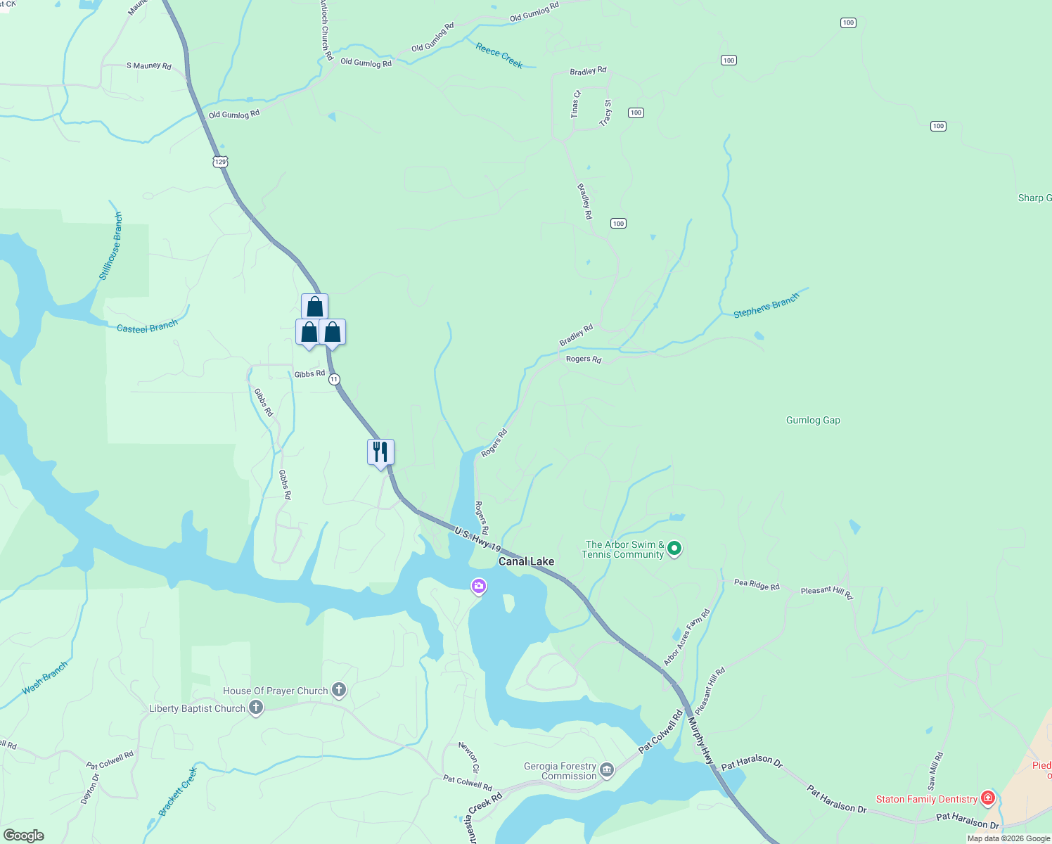 map of restaurants, bars, coffee shops, grocery stores, and more near 1815 Deerwood Lane in Blairsville