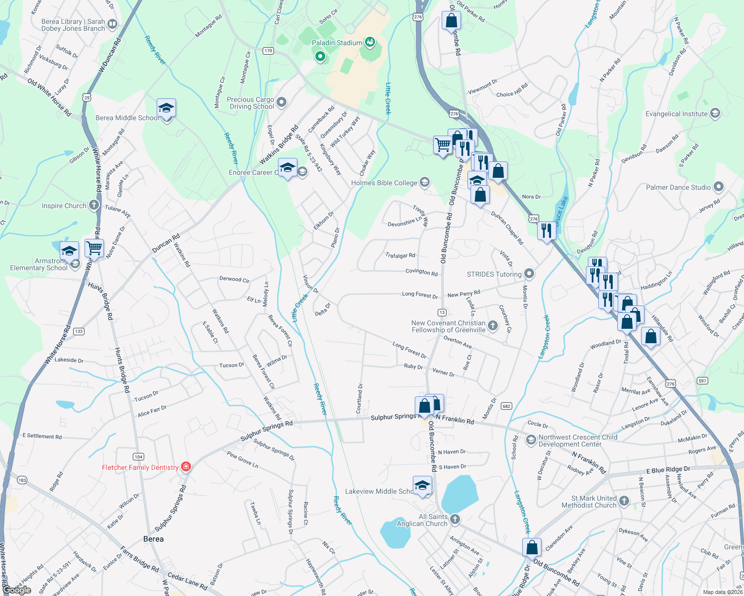 map of restaurants, bars, coffee shops, grocery stores, and more near 43 Long Forest Drive in Greenville