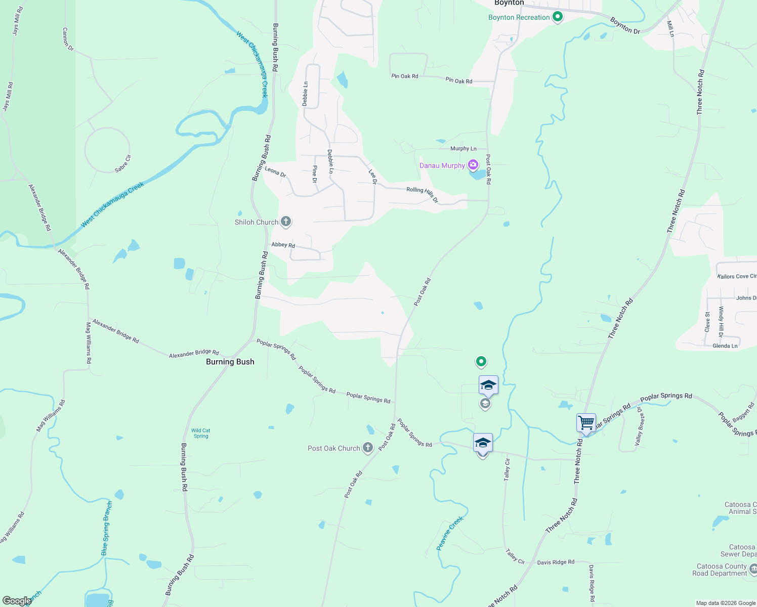 map of restaurants, bars, coffee shops, grocery stores, and more near 1688 Post Oak Road in Ringgold
