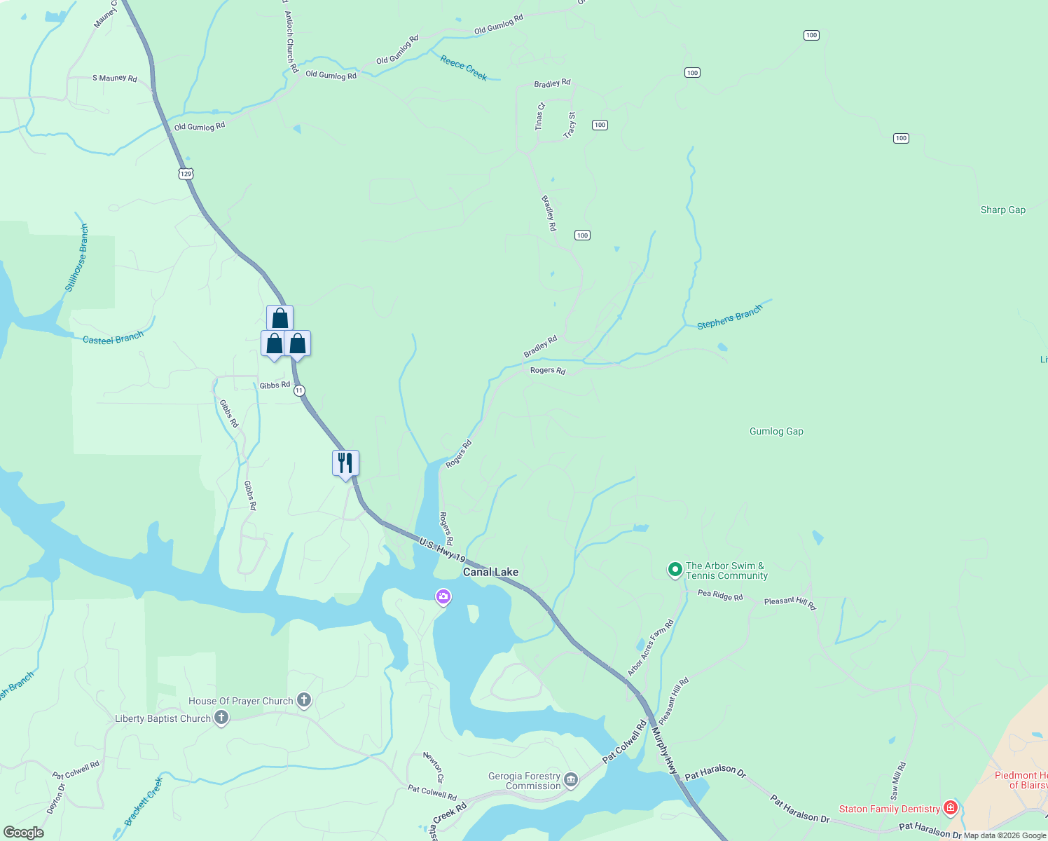 map of restaurants, bars, coffee shops, grocery stores, and more near 174 Pinehurst Road in Blairsville