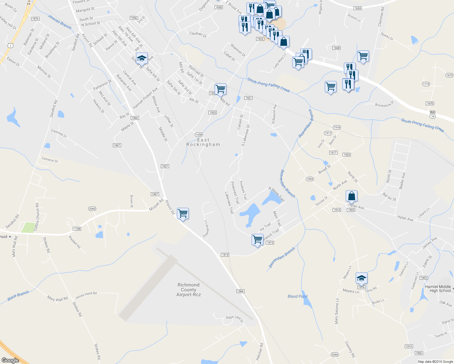 map of restaurants, bars, coffee shops, grocery stores, and more near 228 Lakeview Trail in Rockingham