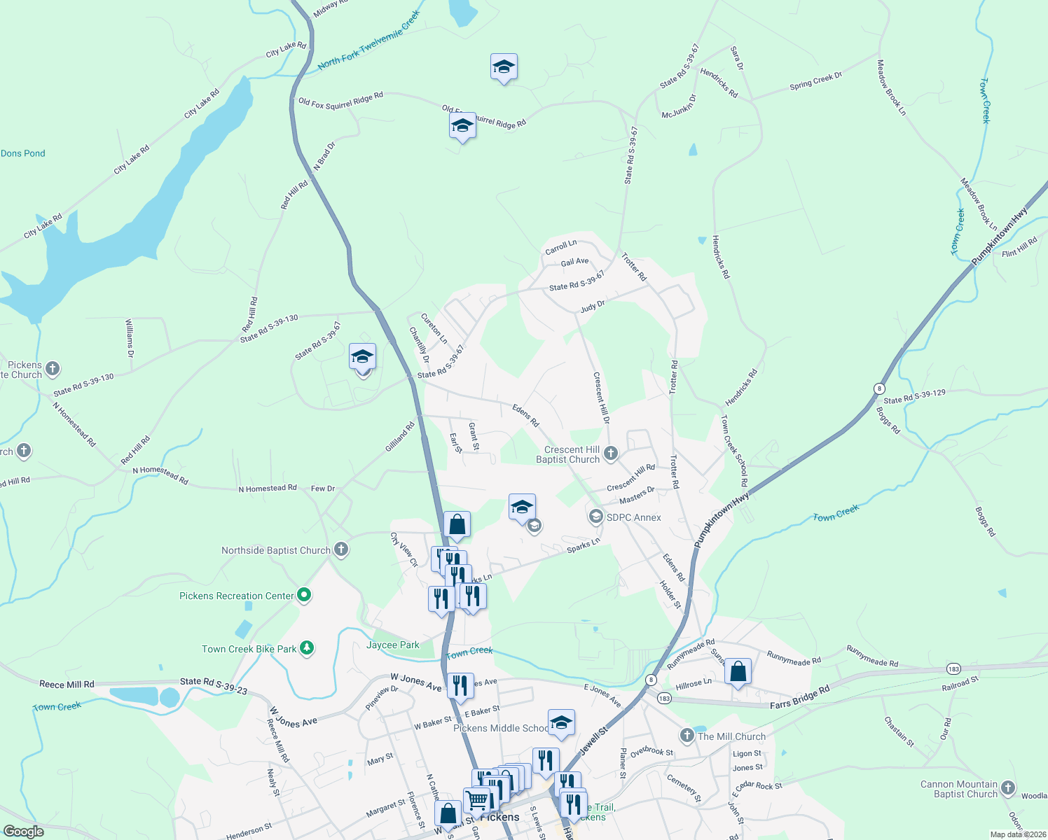 map of restaurants, bars, coffee shops, grocery stores, and more near 575 Edens Rd in Pickens