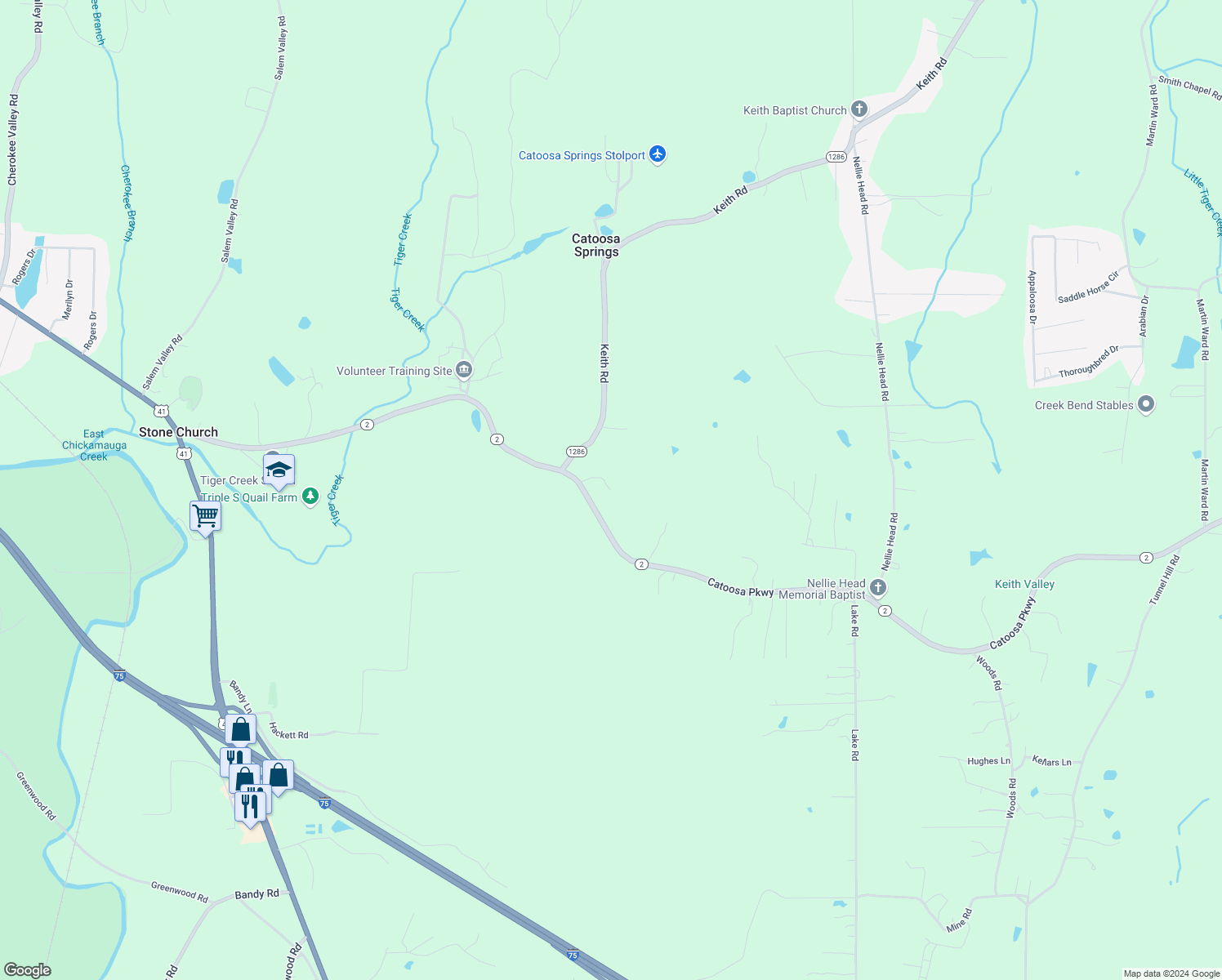 map of restaurants, bars, coffee shops, grocery stores, and more near 98 Peanut Lane in Tunnel Hill