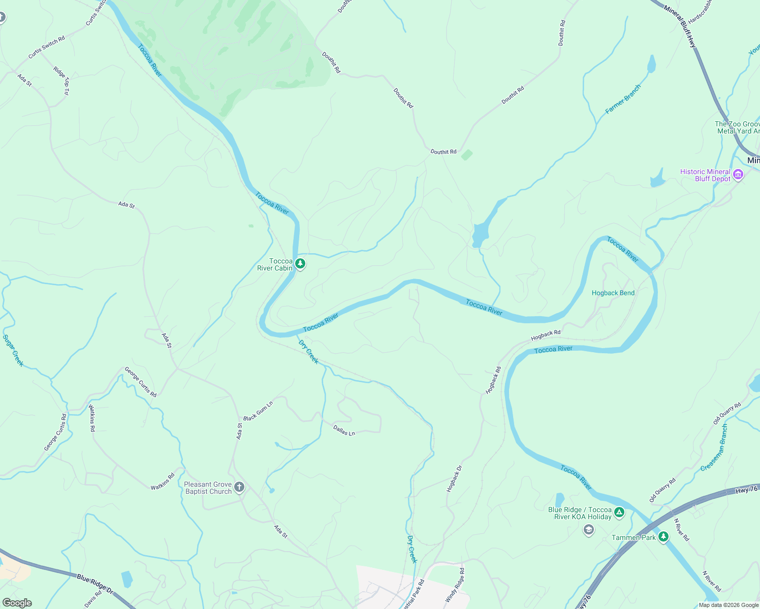 map of restaurants, bars, coffee shops, grocery stores, and more near 618 Toccoa River Lane in Mineral Bluff