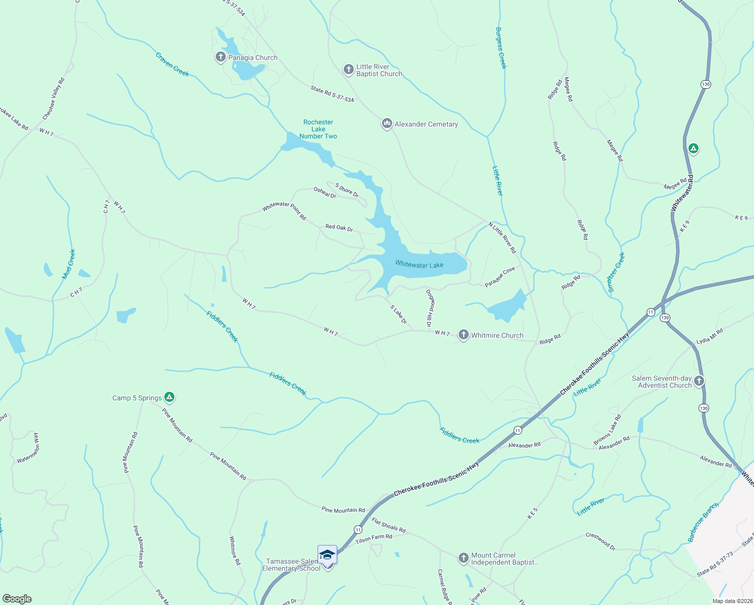 map of restaurants, bars, coffee shops, grocery stores, and more near 304 Whitewater Lake Road in Tamassee