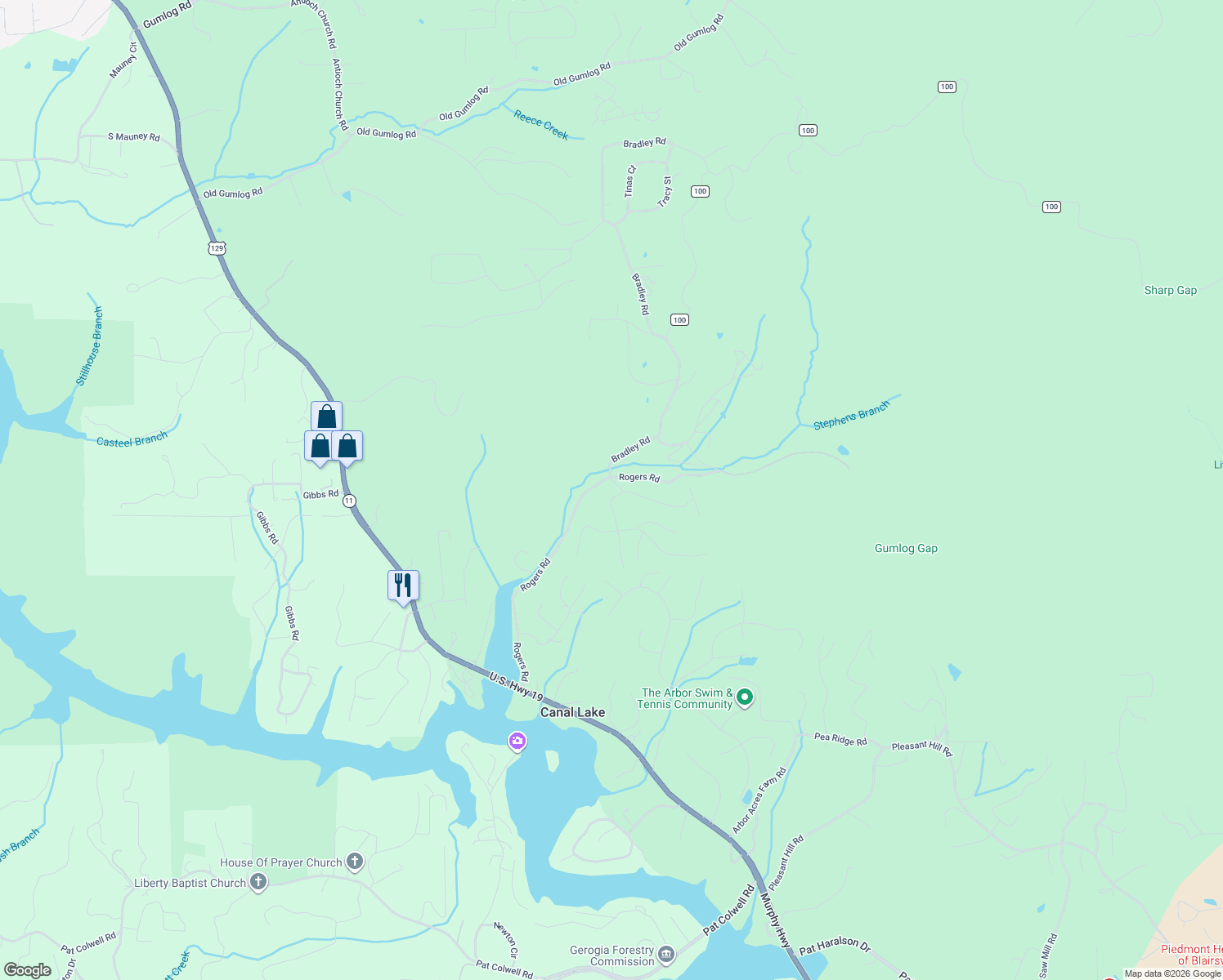 map of restaurants, bars, coffee shops, grocery stores, and more near 54 Pinehurst Road in Blairsville