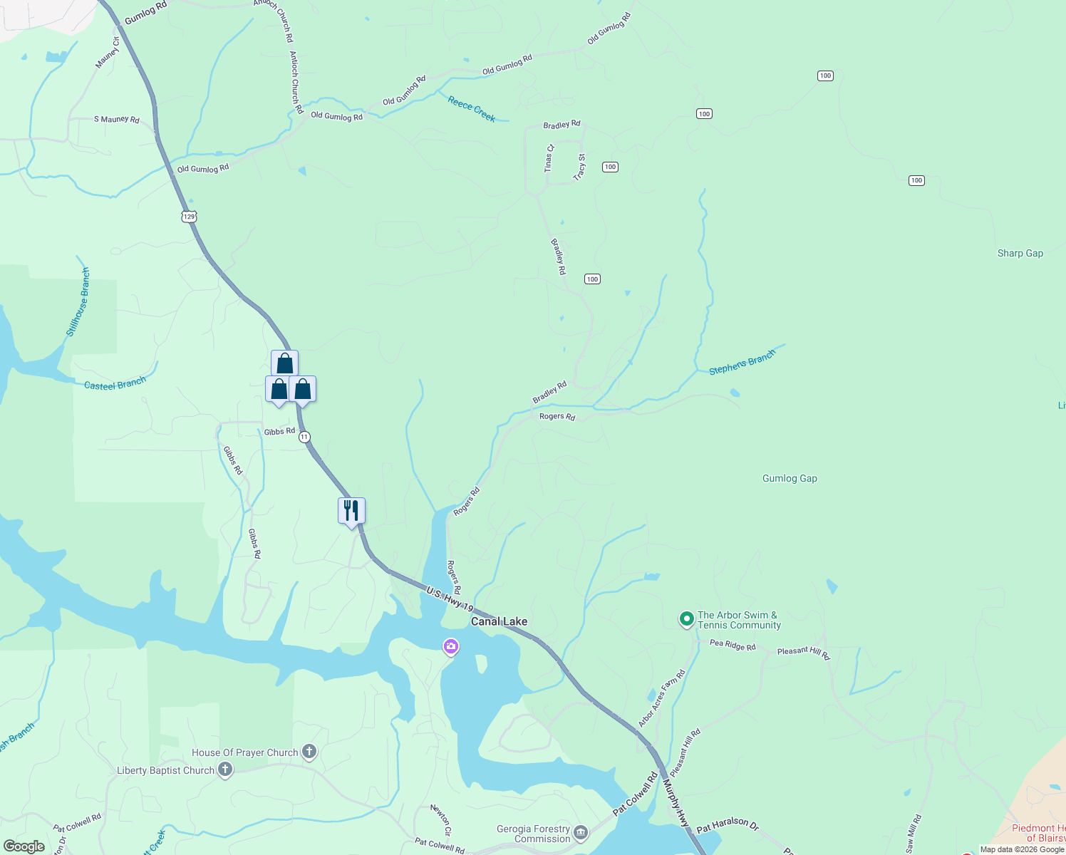 map of restaurants, bars, coffee shops, grocery stores, and more near 54 Pinehurst Road in Blairsville