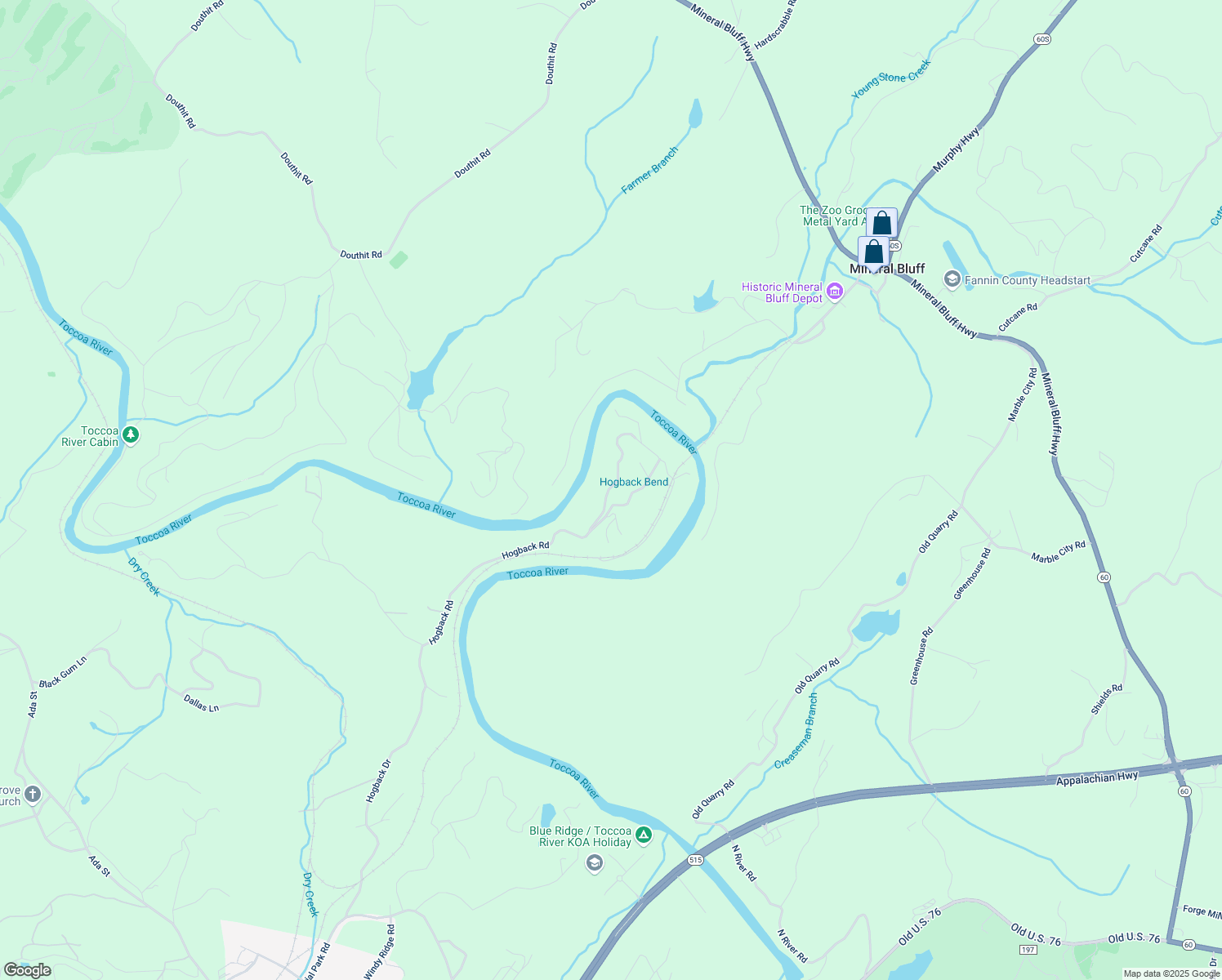 map of restaurants, bars, coffee shops, grocery stores, and more near 140 Riverview Drive in Blue Ridge