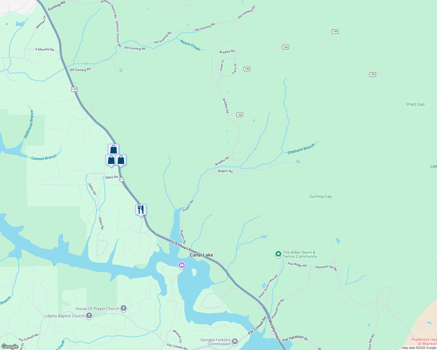 map of restaurants, bars, coffee shops, grocery stores, and more near 54 Pinehurst Road in Blairsville