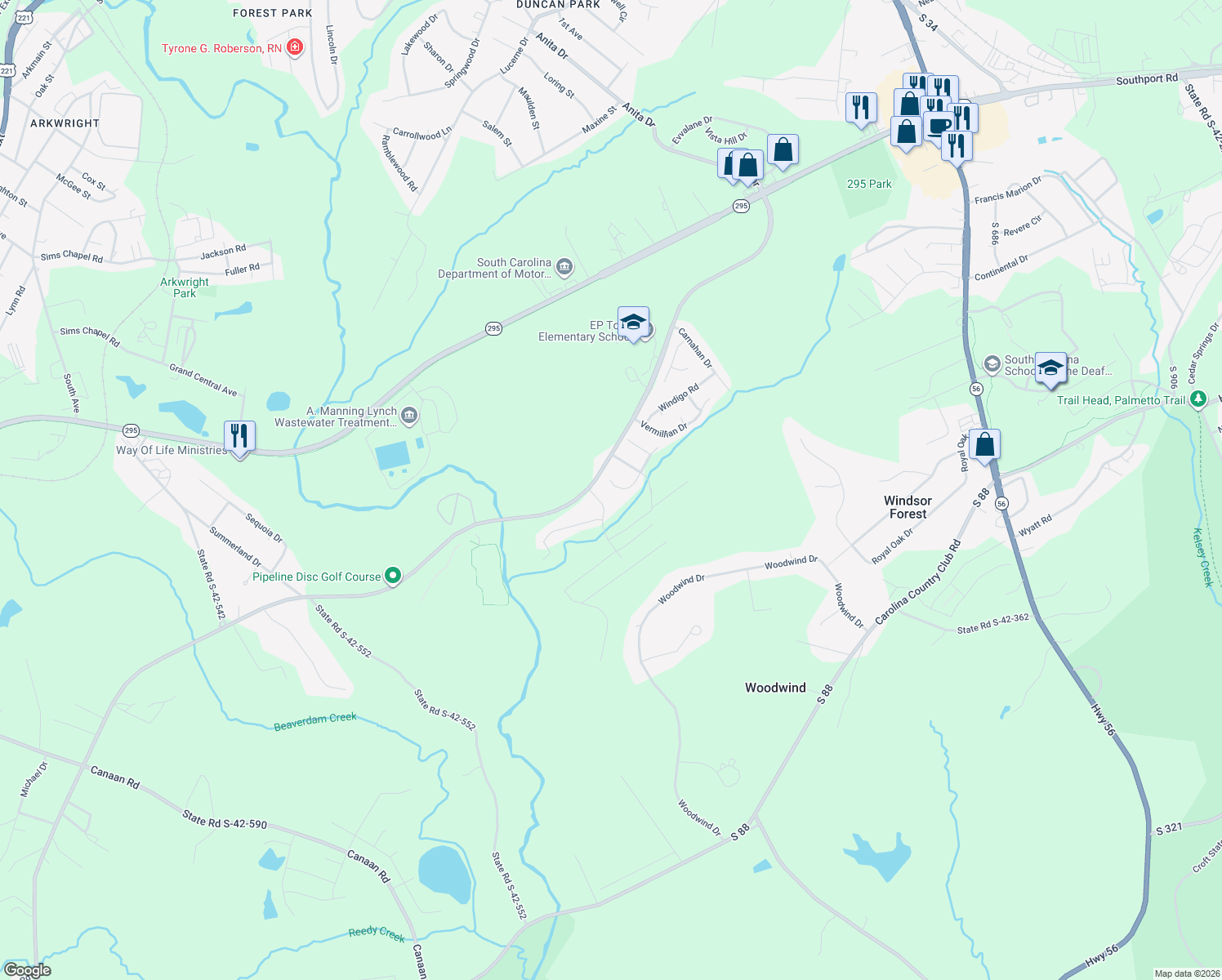 map of restaurants, bars, coffee shops, grocery stores, and more near 115 Butternut Road in Spartanburg