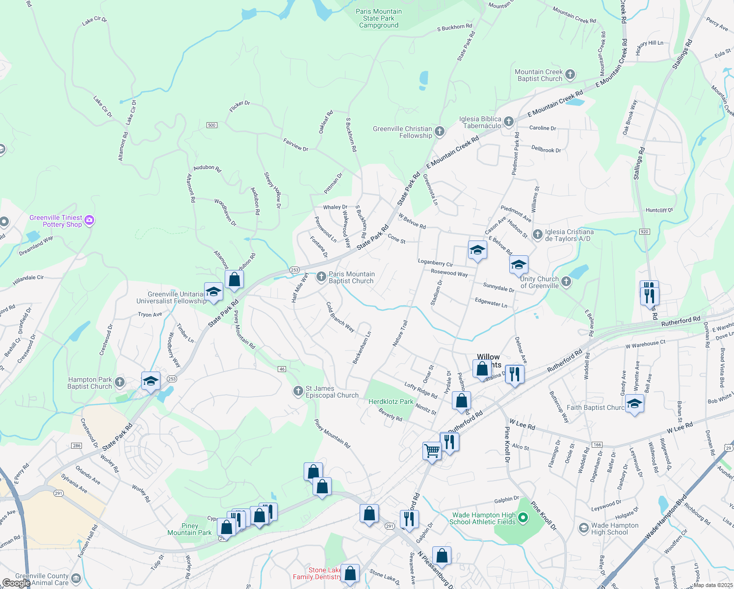 map of restaurants, bars, coffee shops, grocery stores, and more near 6 Laurel Fork Court in Greenville
