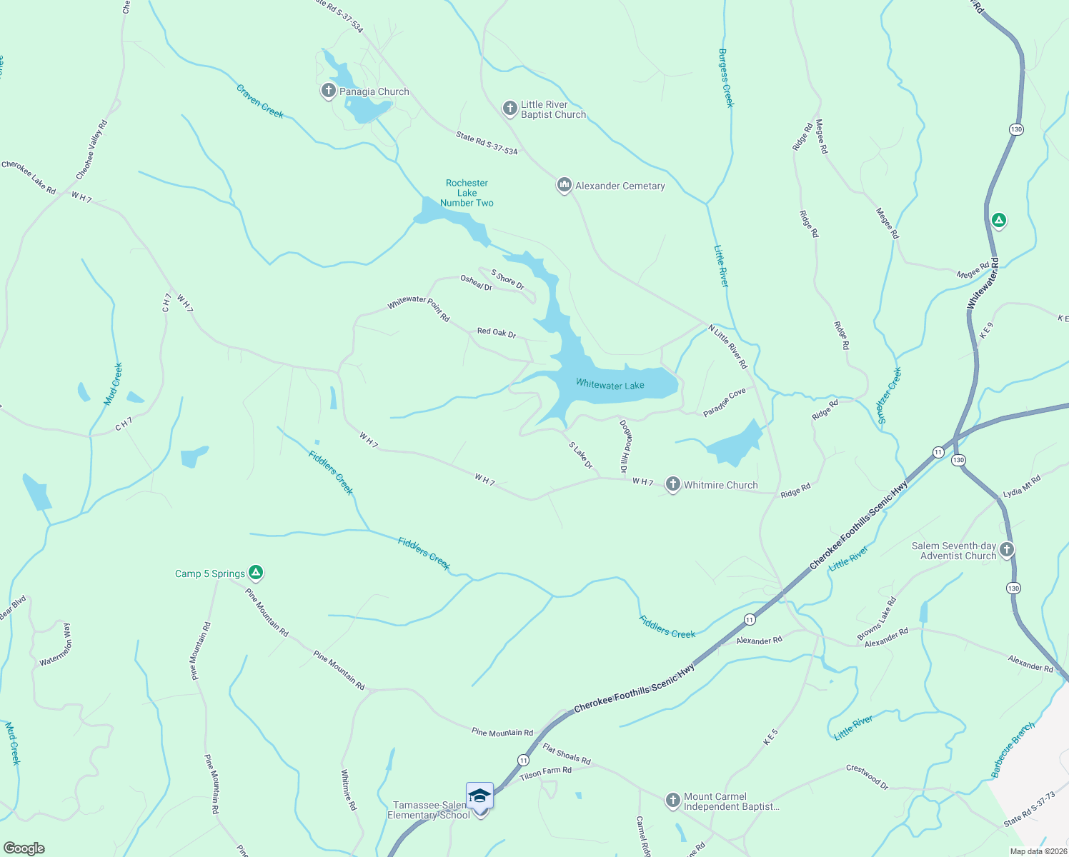 map of restaurants, bars, coffee shops, grocery stores, and more near 310 Whitewater Lake Road in Tamassee