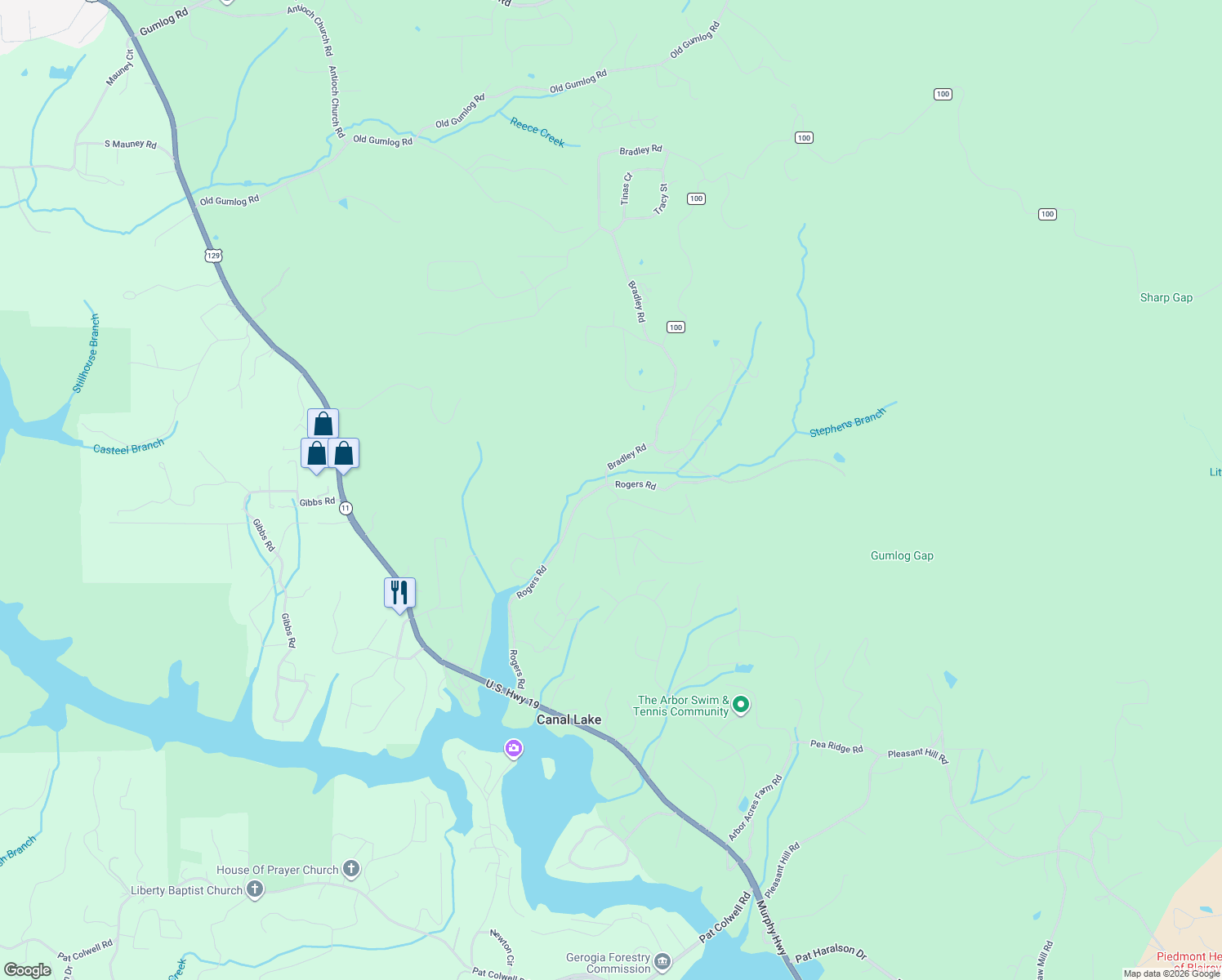 map of restaurants, bars, coffee shops, grocery stores, and more near 54 Pinehurst Road in Blairsville