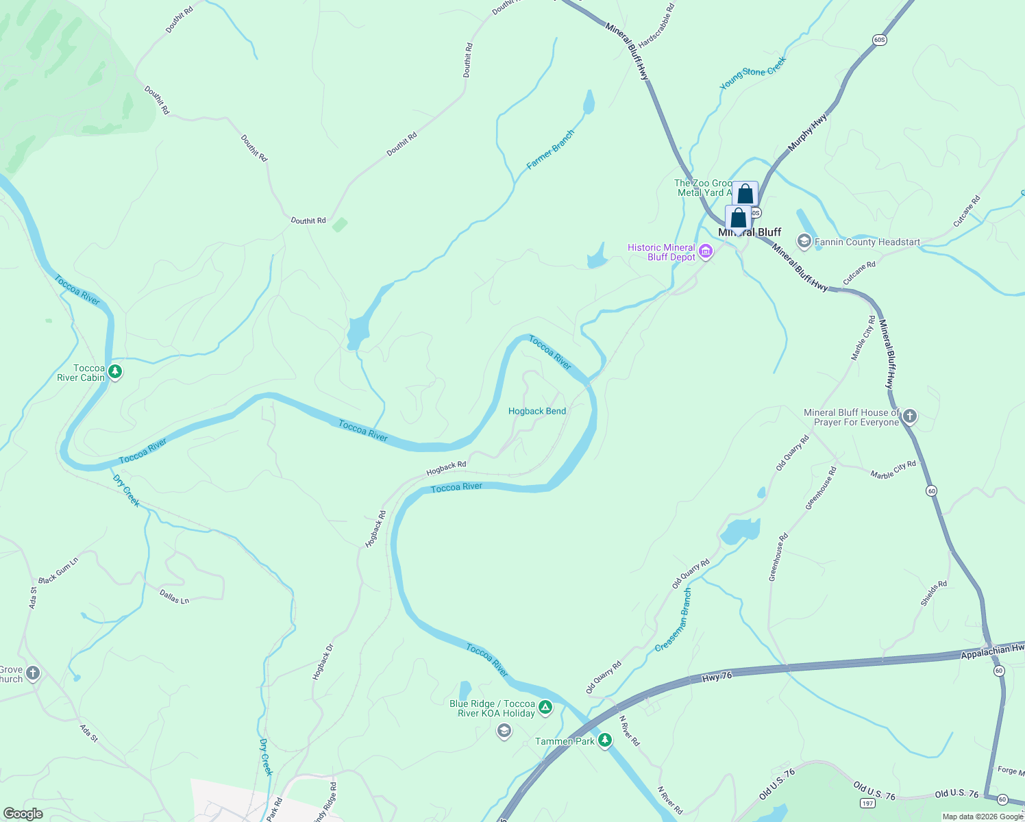 map of restaurants, bars, coffee shops, grocery stores, and more near 153 Riverview Circle in Blue Ridge
